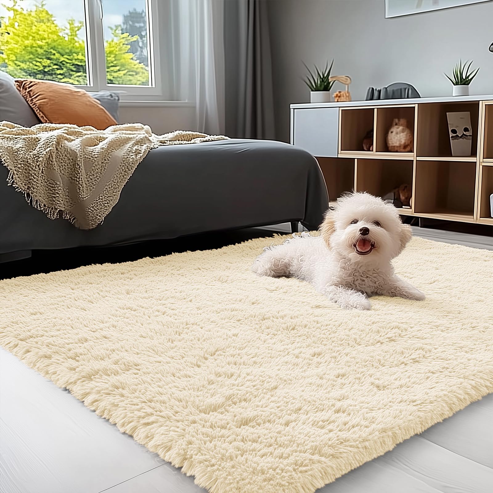 OLANLY Area Rugs for Living Room Bedroom, Machine Washable 4x5.9 ft Soft Fluffy Shaggy Bedside Rug, Indoor Floor Carpet for Kids Girls and Boys, Dorms, Nursery Rooms, Home Decor Aesthetic, Grey