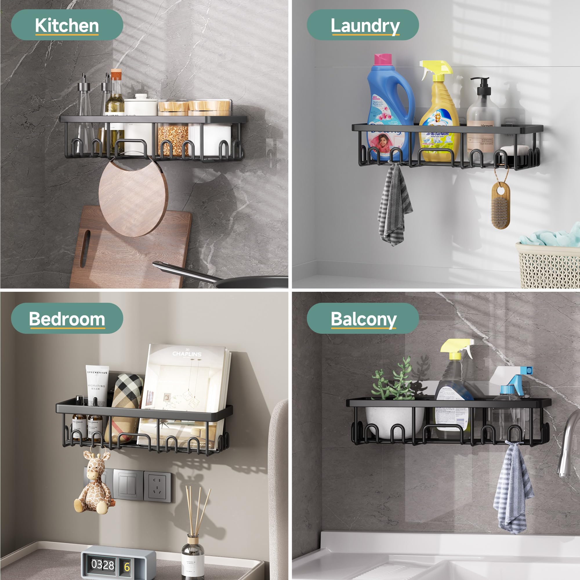 Veken Shower Caddy 6-Pack, Advanced Rustproof Design, No Drilling Adhesive Shelves, Rack with Soap Holder, Large Capacity Bathroom Organizers and Storage, Wall-Mounted Kitchen & Home Decor
