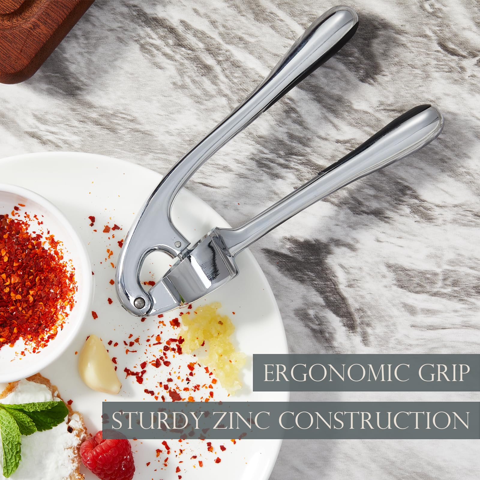 Kitessensu High Effective Garlic Press With Studs, Heavy Duty Garlic Mincer, Easy to Squeeze and Clean, Rust Proof & Dishwasher Safe, Ginger Crusher- Imperial Silver