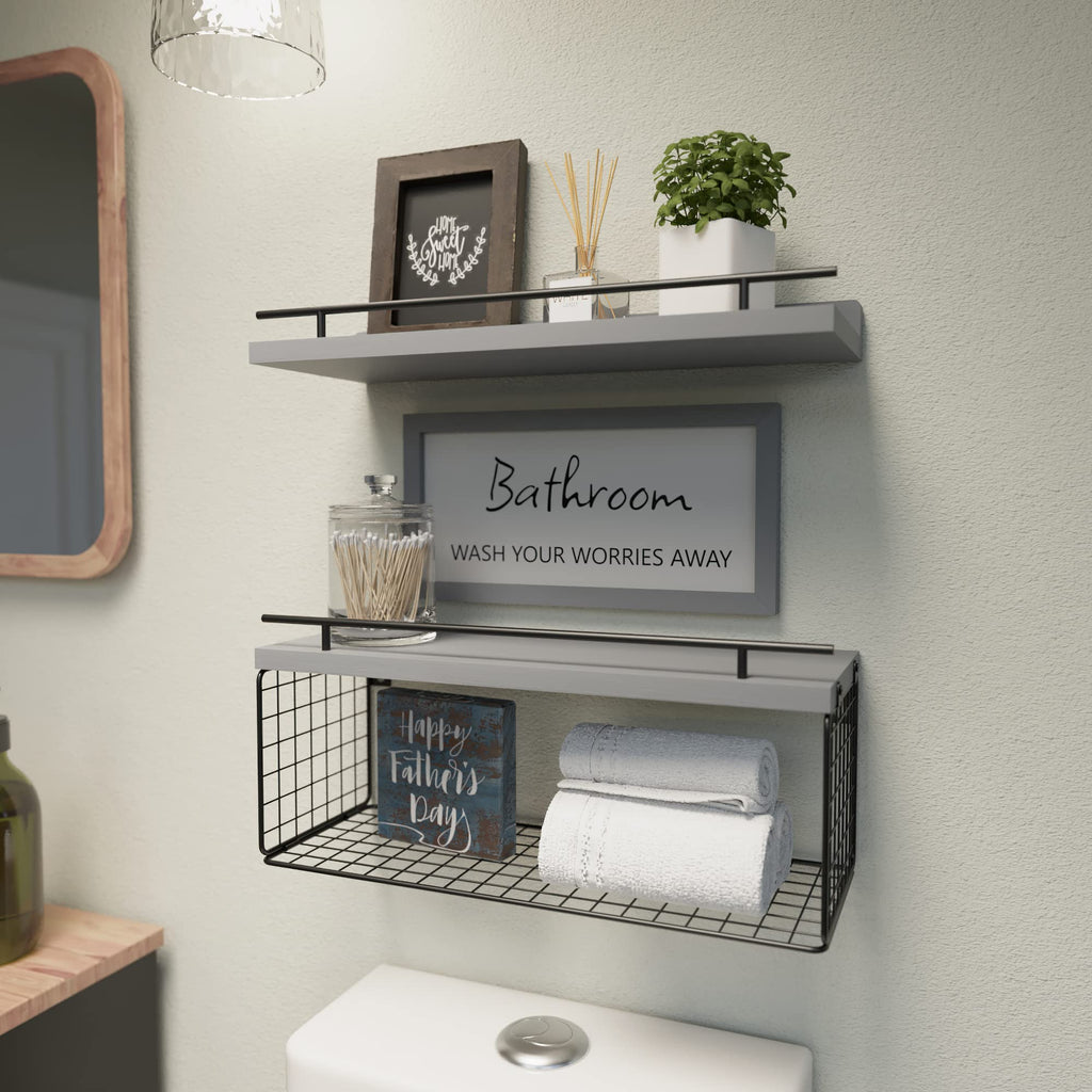 WOPITUES Floating Shelves for Wall Decor Sign, Bathroom Organizers and Storage, Bathroom Shelves Over Toilet with Metal Guardrail-Black