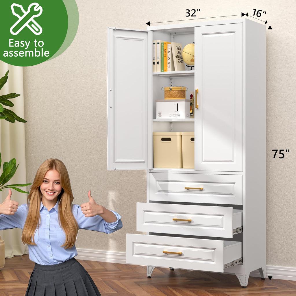 75" Tall Metal Kitchen Storage Cabinet,White Kitchen Pantry Storage Cabinet with Doors and 4 Adjustable Shelves,Utility Cabinet for Living Room,Garage,Dining Room and Office,Assemble Required
