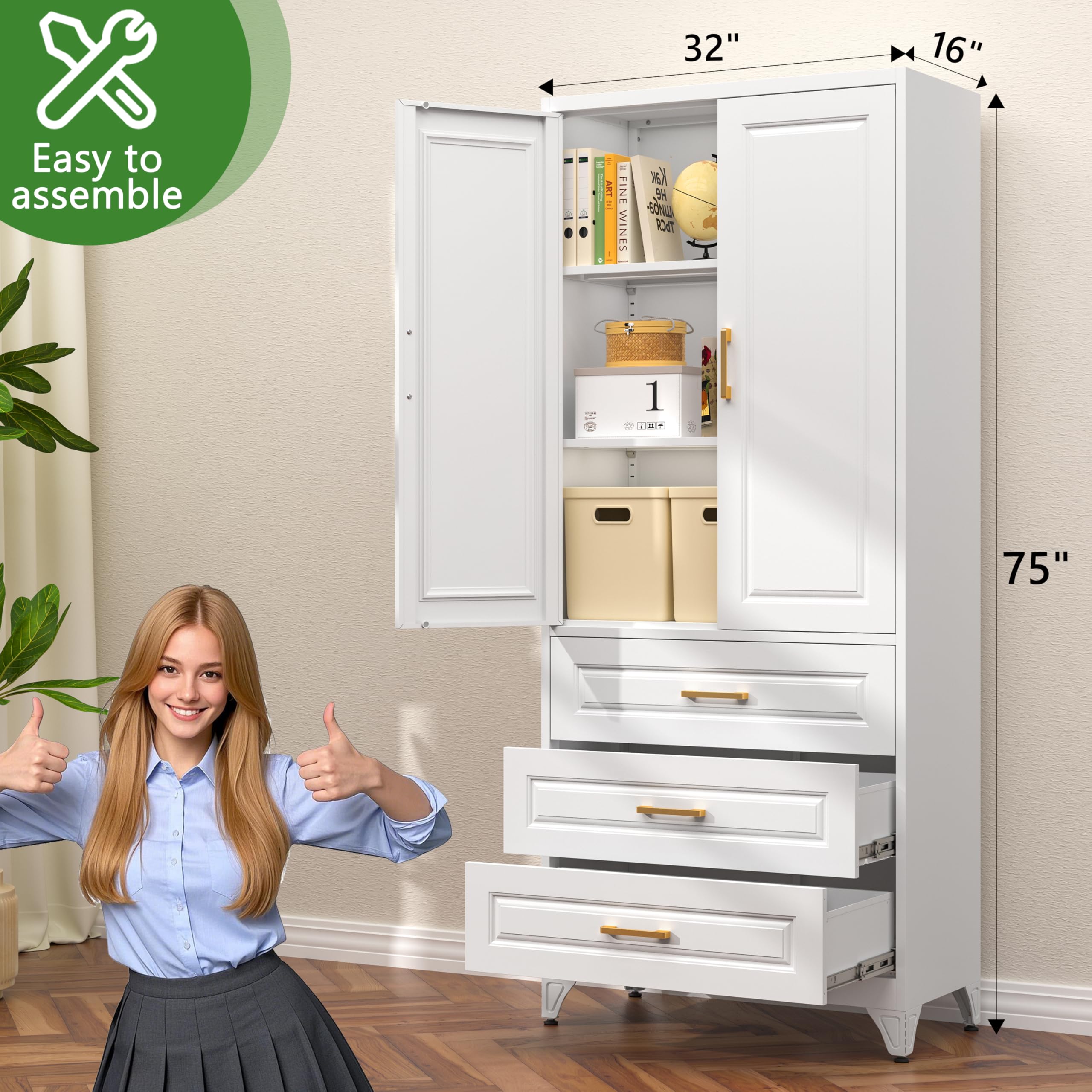 75" Tall Metal Kitchen Storage Cabinet,White Kitchen Pantry Storage Cabinet with Doors and 4 Adjustable Shelves,Utility Cabinet for Living Room,Garage,Dining Room and Office,Assemble Required
