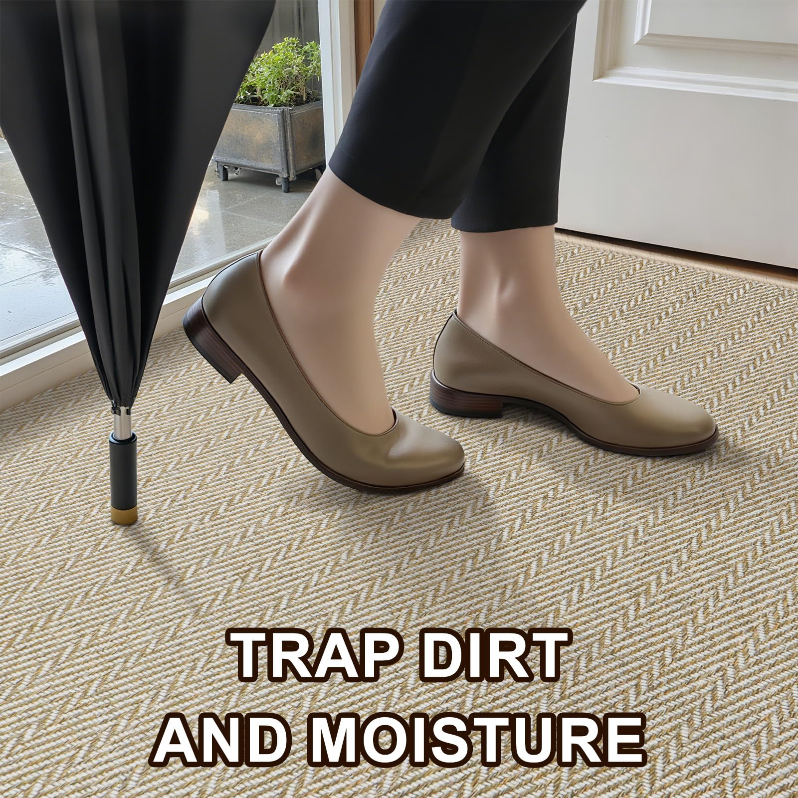 Ultra Thin Door Mat Indoor Entrance 17"x29", Low-Profile Indoor Door Mat, Non Slip Entry Mat Rubber Backing Unique Herringbone Design Inside Doormat Dirt Trapper Entryway Mats, Beige