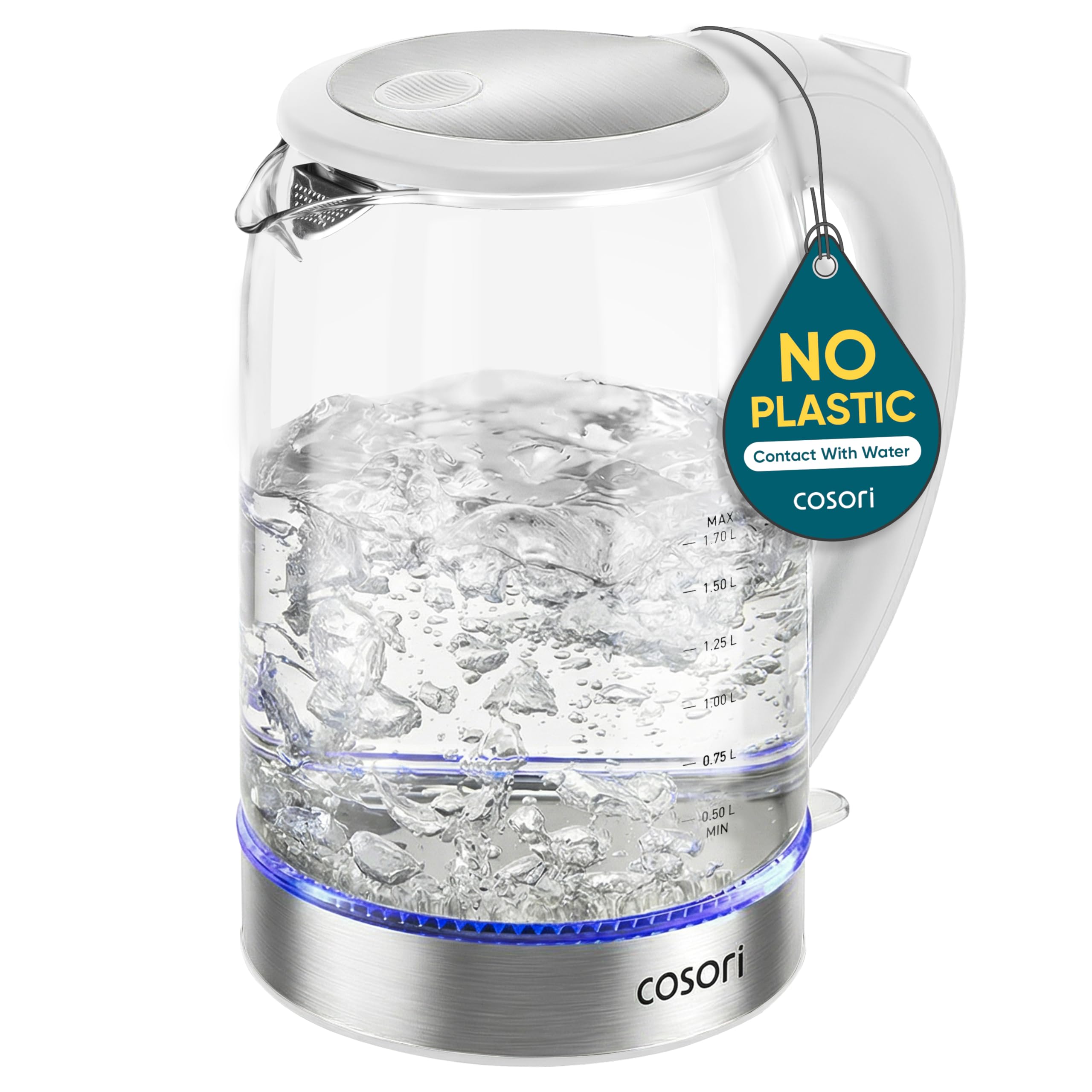 Cosori Electric Kettle, No Plastic Contact With Water, Wide Mouth For Easy Cleaning, Auto Shut Off, 1.7L Tea Kettle & Hot Water Boiler, Water Heater & Teapot, Borosilicate Glass, Black, 1500W