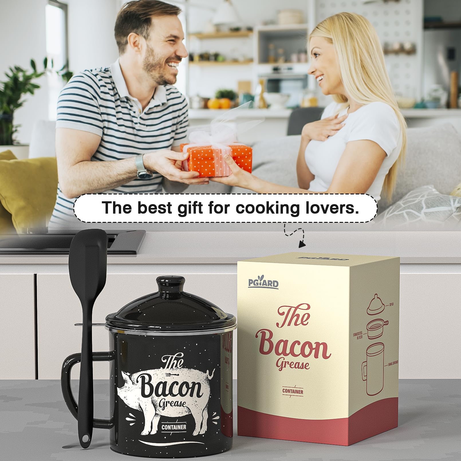 PGYARD Mini Bacon Grease Container With Strainer - 15OZ Enamel Grease Saver, Farmhouse Bacon Grease Keeper For Kitchen Fat Storage, Dishwasher Safe-Red