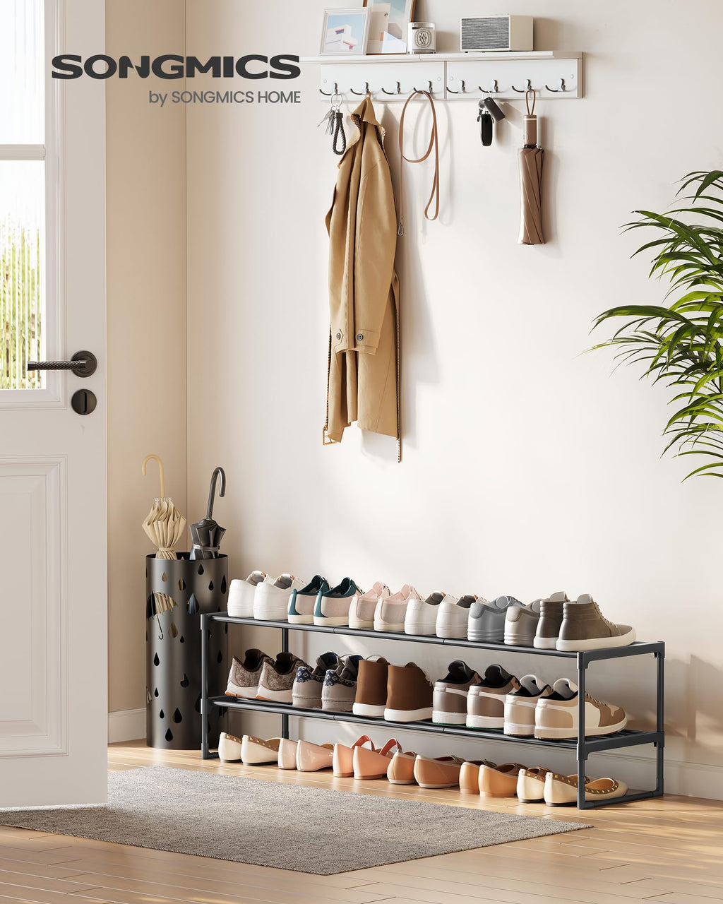 SONGMICS Shoe Rack, 3-Tier Shoe Organizer, Metal Storage Shelf, Upright or Upside Down, for 16-20 Pairs, Stackable, for Entryway, 11.8 x 36.2 x 21.7 Inches, Black ULSA303B02