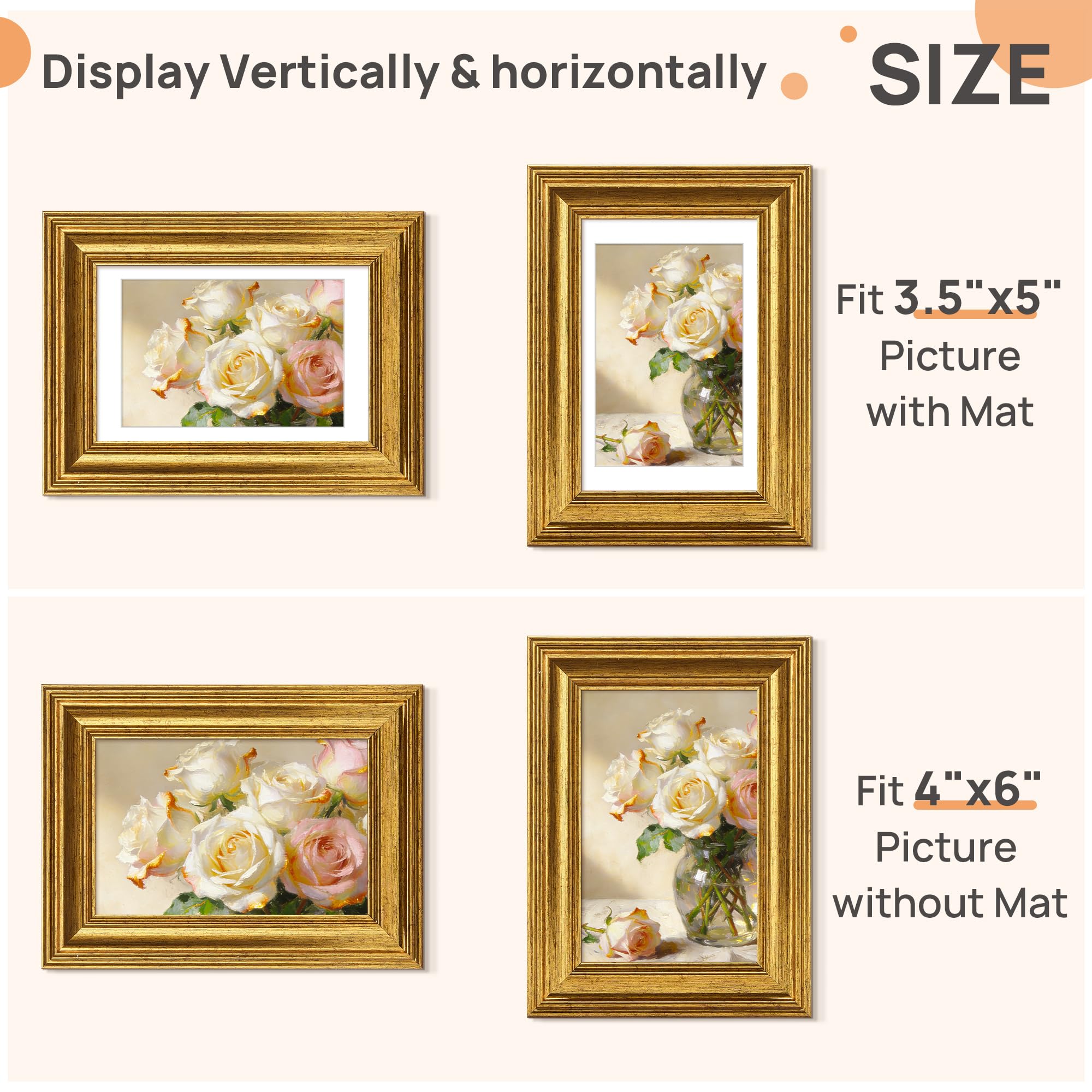 upsimples Vintage 8x10 Picture Frame, Antique Gold Frames Display 5x7 with Mat or 8 x 10 Without for Wall or Tabletop Decor, 1pack