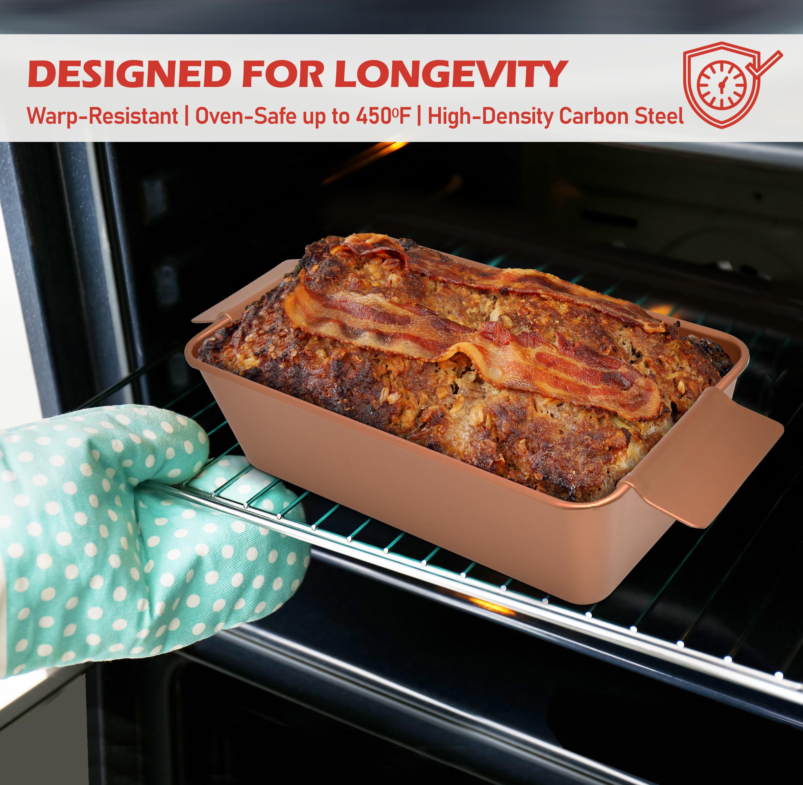 PERLLI Meat Loaf Pan with Drip Tray – 2 Pc. 9.8 x 5.7 In. High-Carbon-Steel Nonstick Meatloaf Pan with Drain Tray – Large BPA-Free Oven Loaf Pan for Baking, Bread, Cakes, Roasting Meat, & More