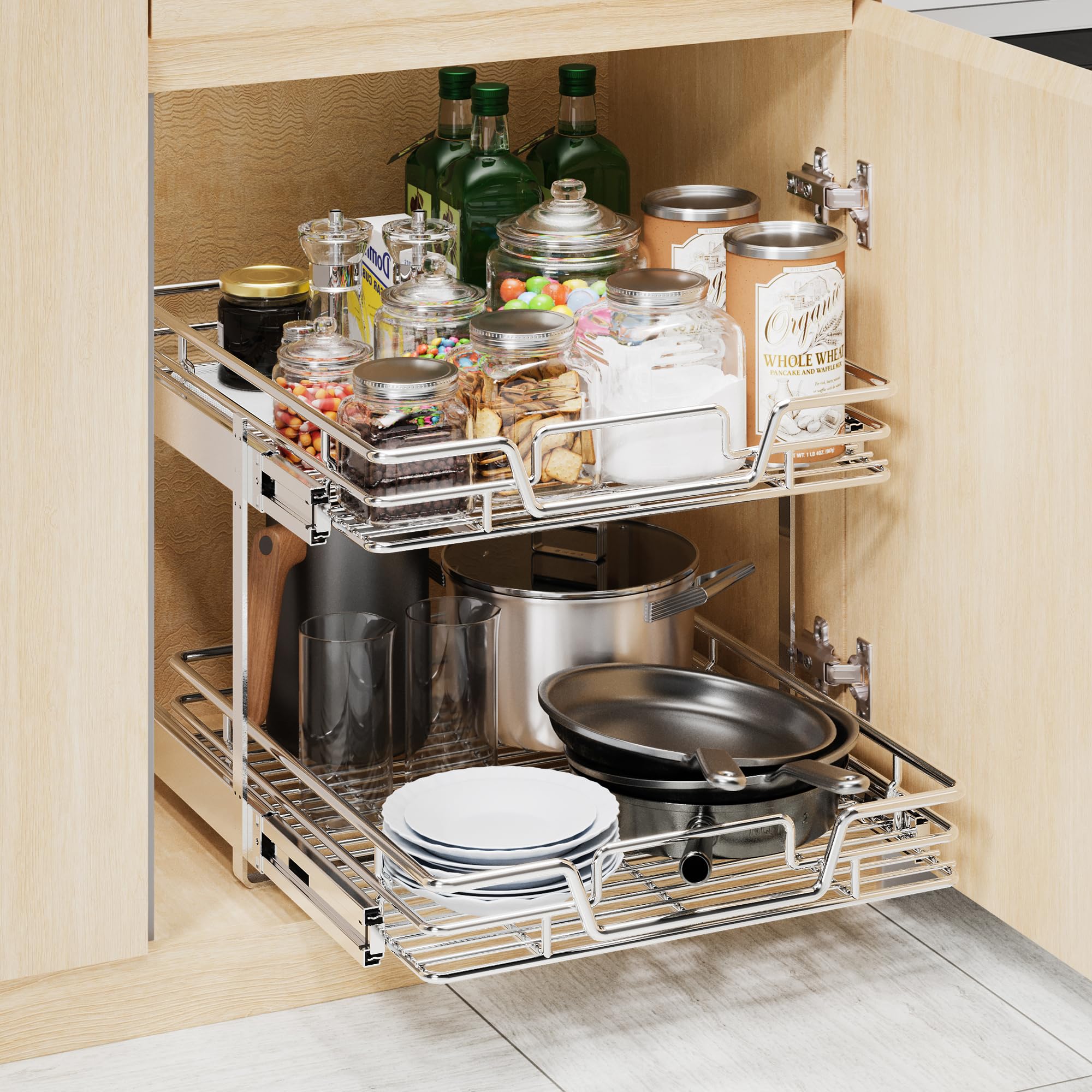 2-Tier Kitchen Cabinet,Pull Out Cabinet Organizer,Shelf and Drawer Organizer Slide Out Pantry Storaqe Basket in Multiple Sizes (12" W x21 D)