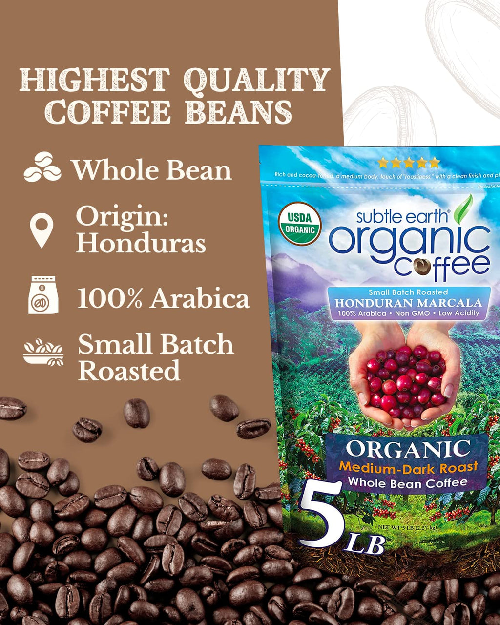 2LB Subtle Earth Organic Coffee - Dark Roast - Whole Bean Coffee - 100% Arabica Beans - Low Acidity and Non-GMO - 2lb bag