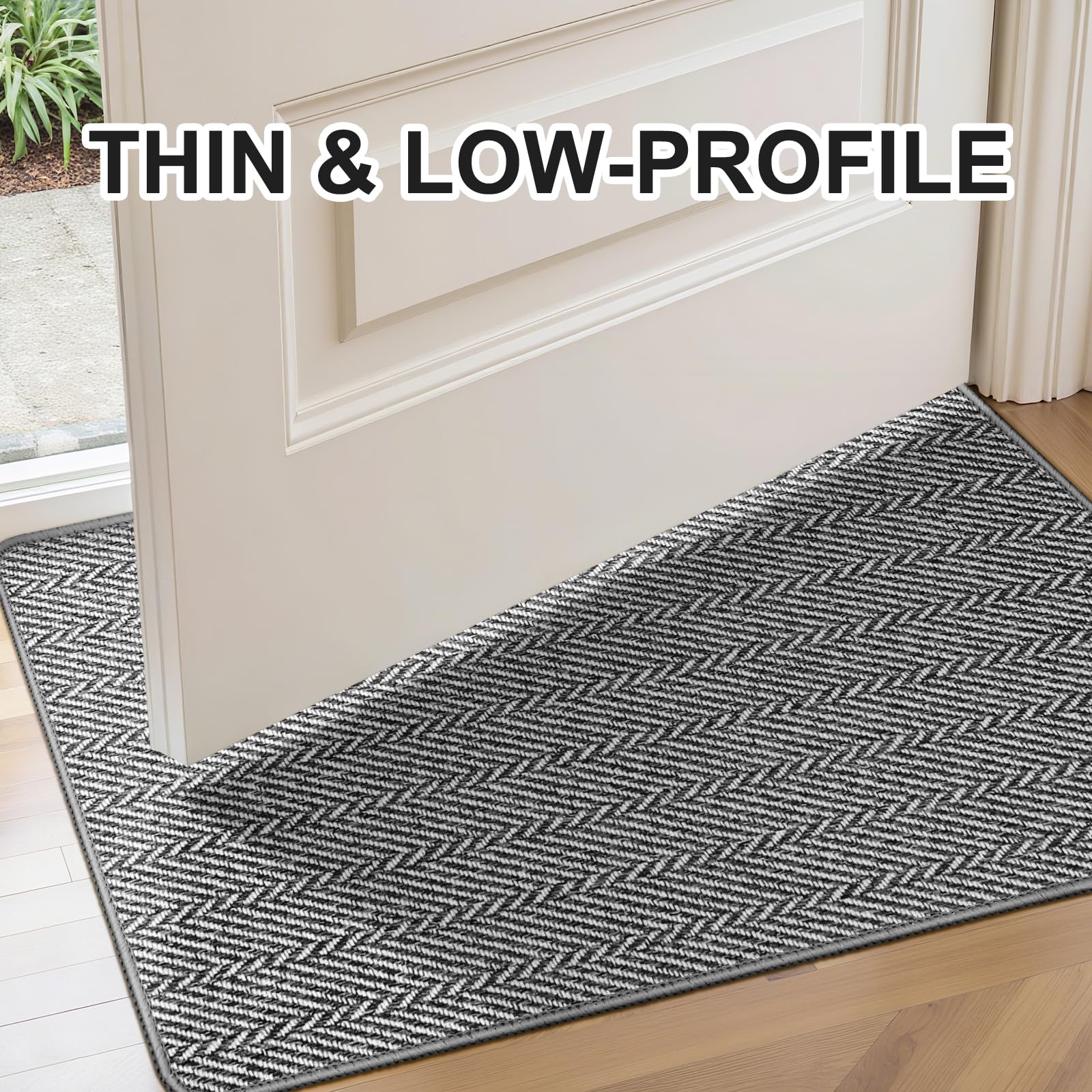 Ultra Thin Door Mat Indoor Entrance 17"x29", Low-Profile Indoor Door Mat, Non Slip Entry Mat Rubber Backing Unique Herringbone Design Inside Doormat Dirt Trapper Entryway Mats, Beige