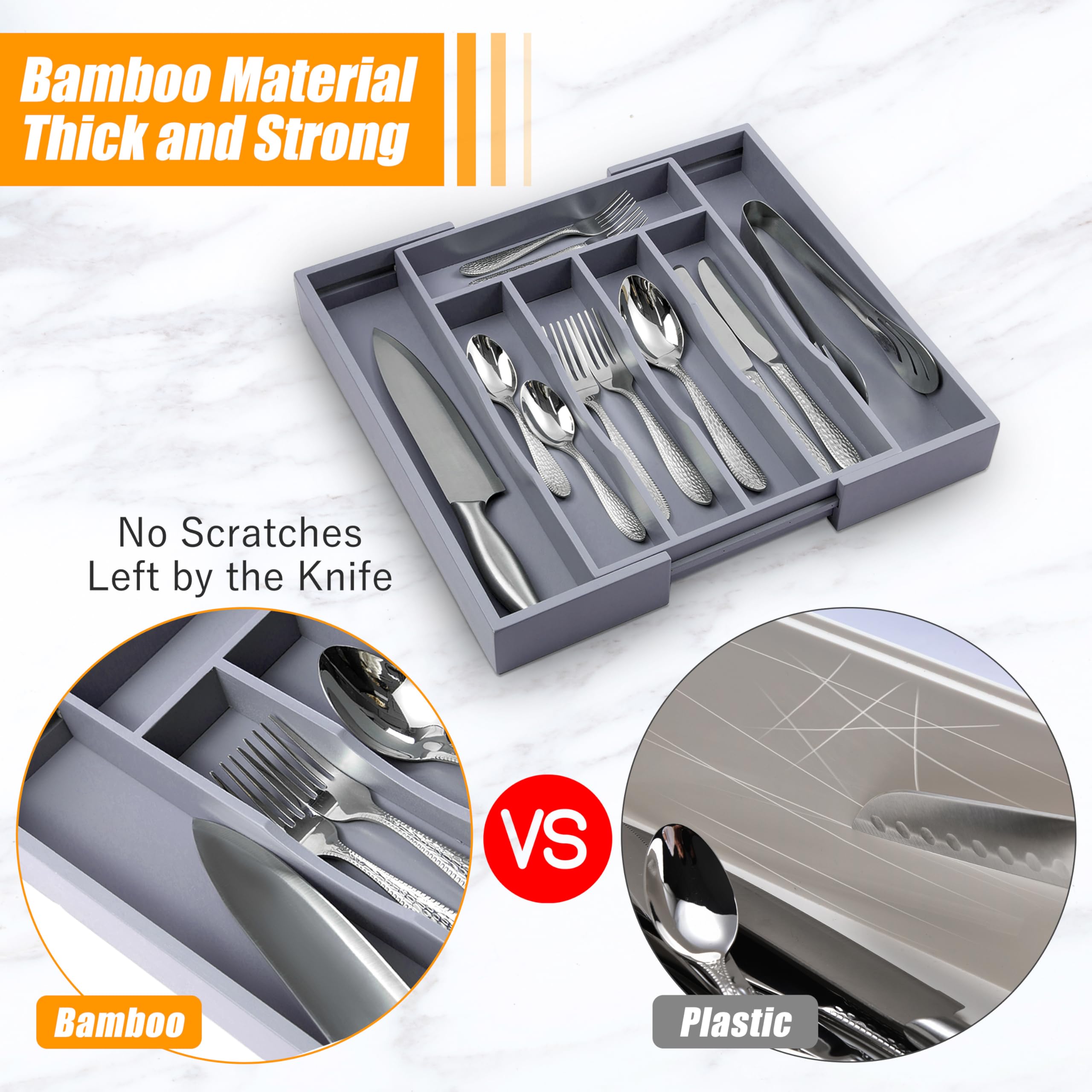 Bellsal Silverware Organizer Kitchen Drawer Organizer Expandable Bamboo Utensil Holder Cutlery Tray for Kitchen Utensil and Flatware Bedroom Office