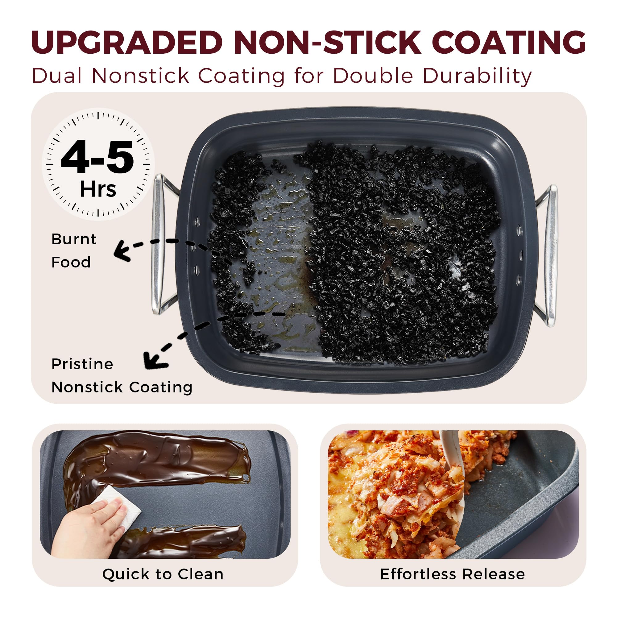 HONGBAKE Ceramic Coated Nonstick Large Turkey Roasting Pan with Rack (U-Shaped), 18.7×13.6 Inch Deep Roaster Pan for 25 lb Turkey & Chicken, Wider Handles, Non Toxic, PFOA & PTFE-Free, Cream & Gray