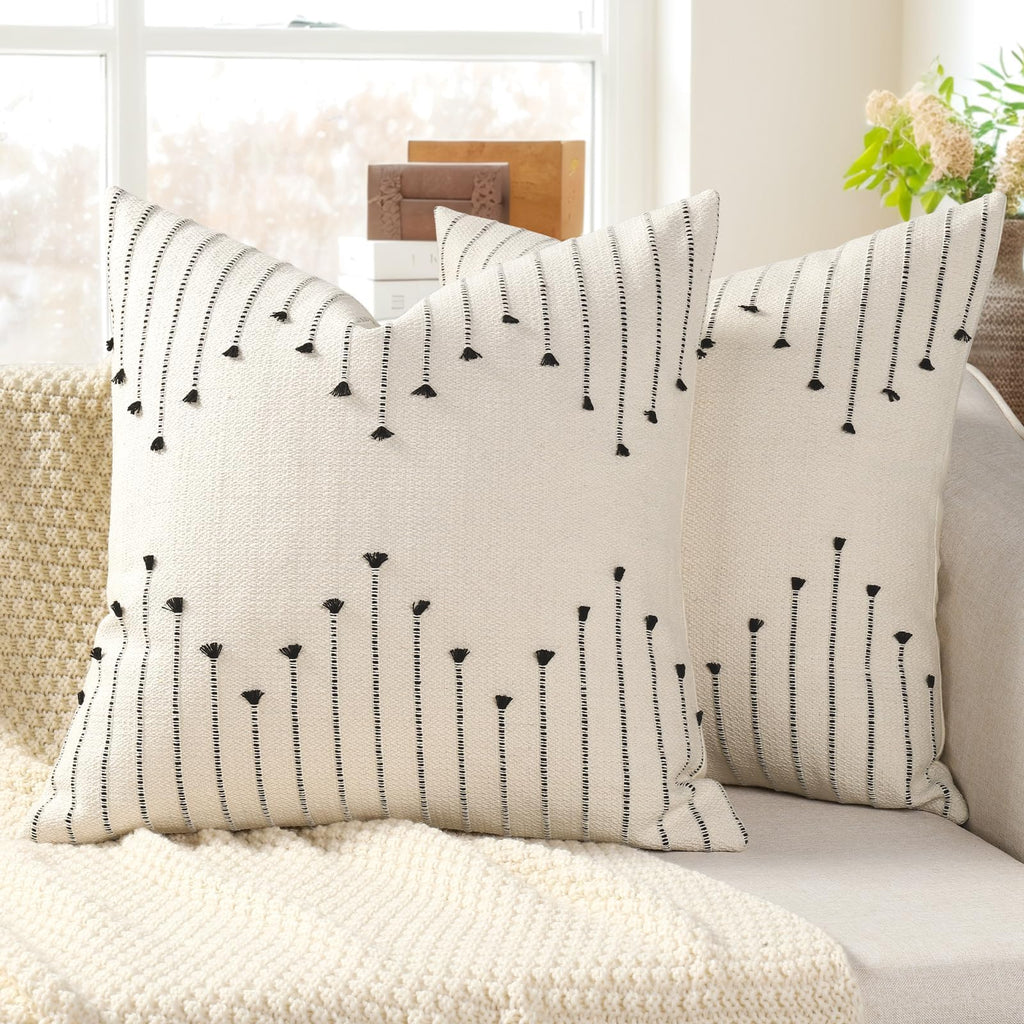 Boho Outdoor Throw Pillow Covers 18x18 Set of 2 Neutral Woven Decorative Pillowcases Cotton Tufted Couch Pillows Modern Farmhouse Cushion Covers for Sofa Couch Bed Living Room Home Decor, Navy Blue