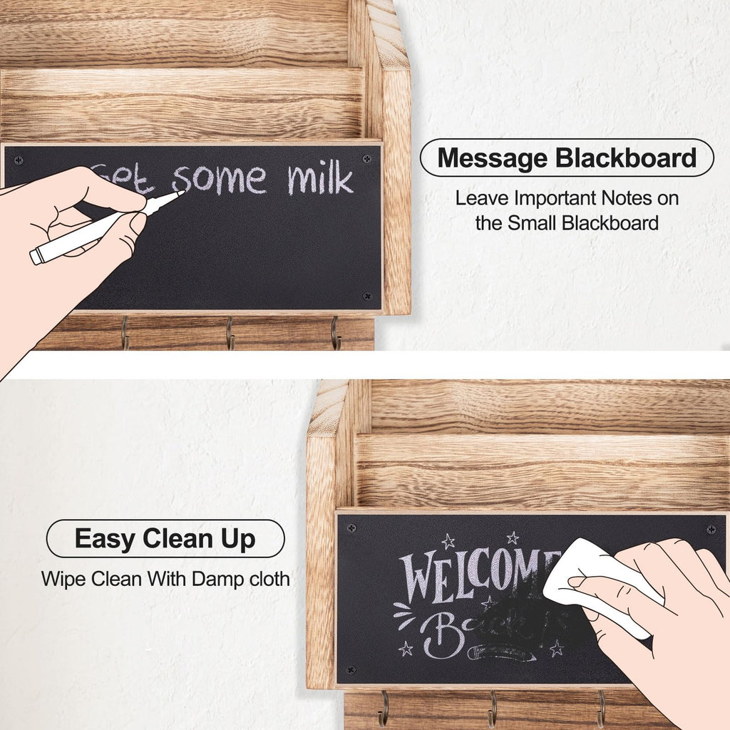 Mail and Key Holder – Wall Mount Key Hanger with Shelf and 7 Metal Hooks – Decorative Natural Paulownia Wood Entryway Organizer with Mounting Hardware (16.5”W x 8.7”H x 3.5”D) (Brown)