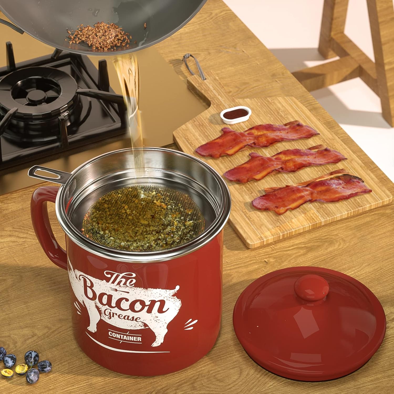 Aqua Meat Chopper and Red Bacon Grease Container