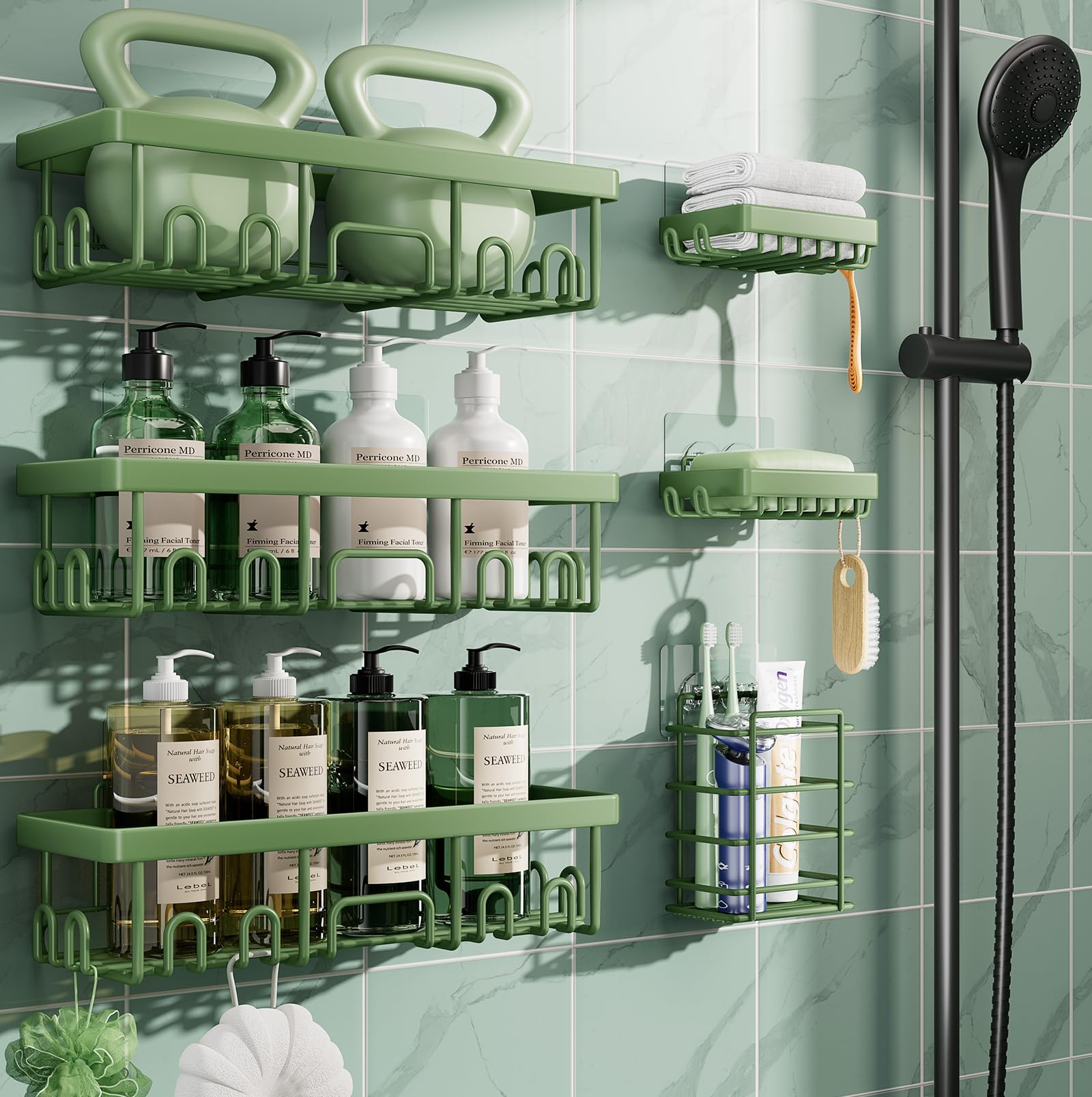 Veken Shower Caddy 6-Pack, Advanced Rustproof Design, No Drilling Adhesive Shelves, Rack with Soap Holder, Large Capacity Bathroom Organizers and Storage, Wall-Mounted Kitchen & Home Decor