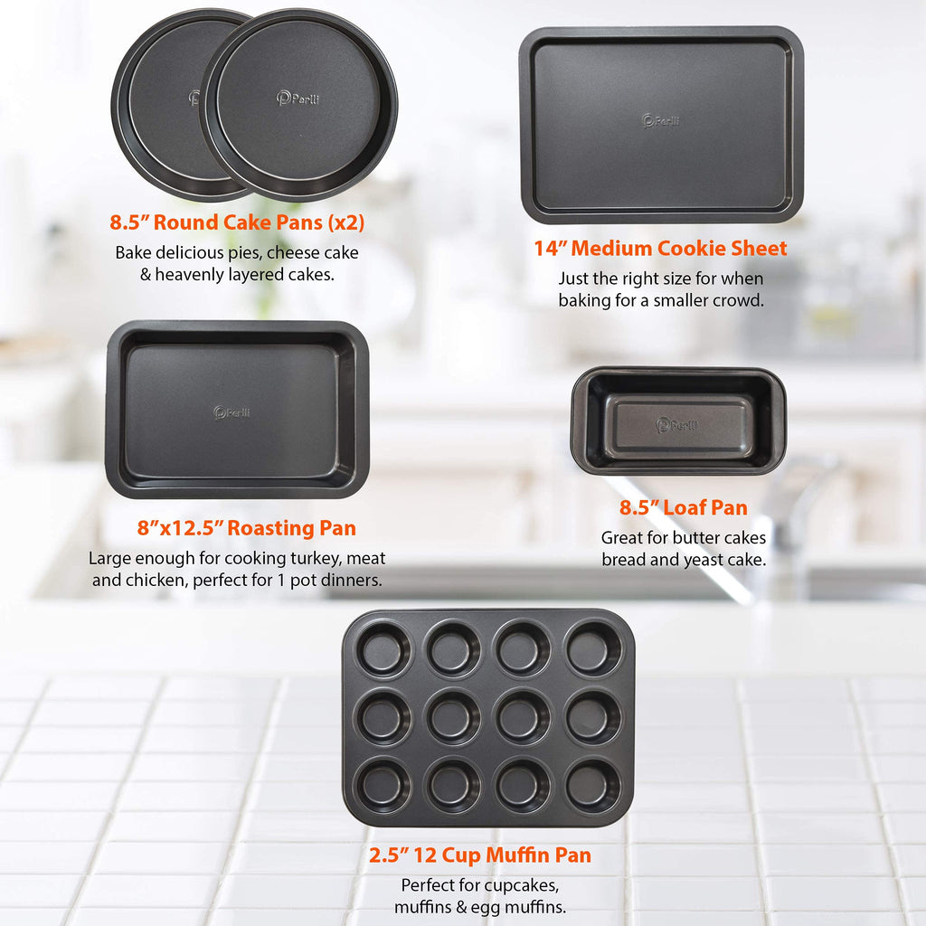 PERLLI Non-Stick 10-Piece Bakeware Set – Carbon Steel with Even Heat Distribution, Oven Safe to 446°F, BPA-Free, Dishwasher Safe, Stackable Baking Tools for Easy Storage and Everyday Cooking - Gray