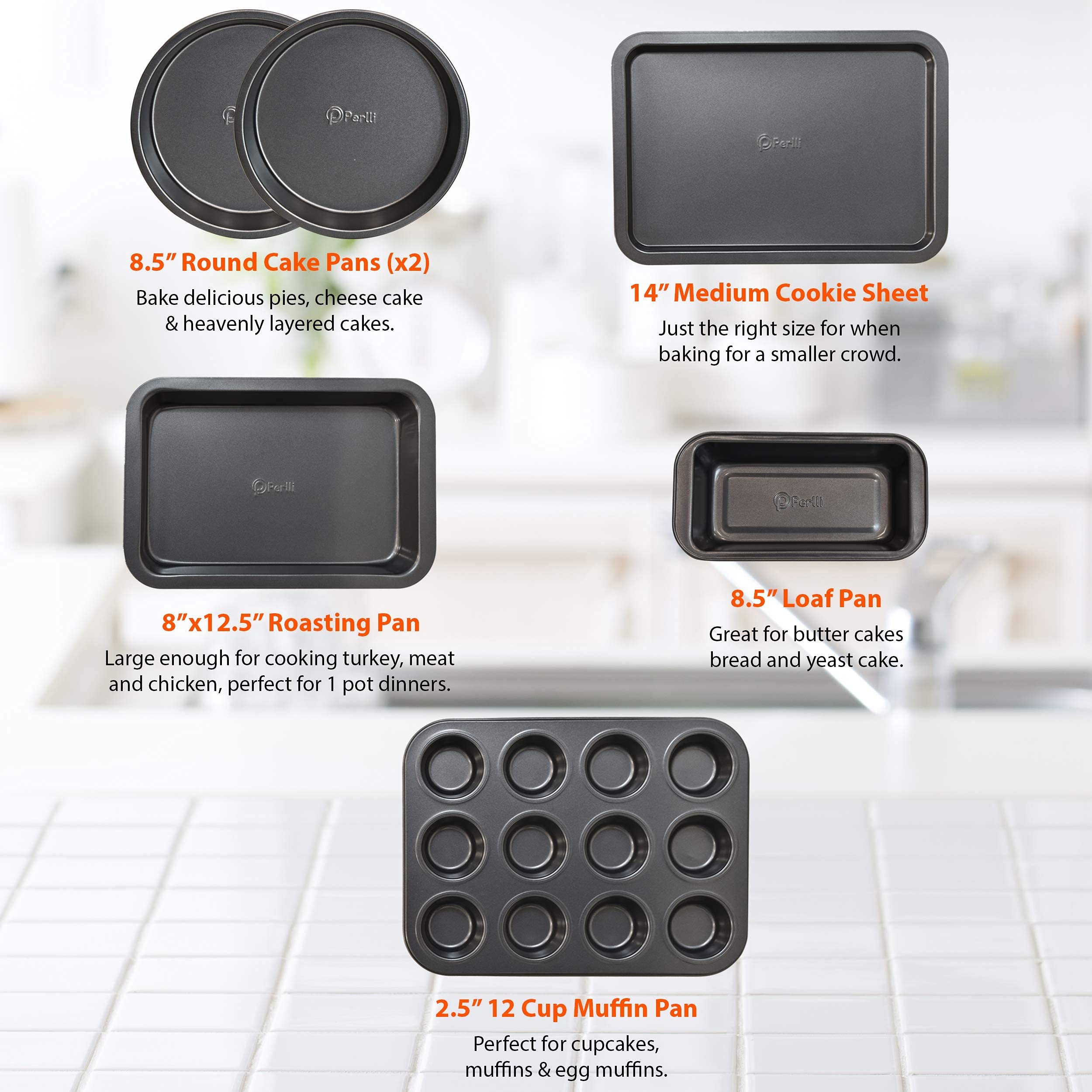 PERLLI Non-Stick 10-Piece Bakeware Set – Carbon Steel with Even Heat Distribution, Oven Safe to 446°F, BPA-Free, Dishwasher Safe, Stackable Baking Tools for Easy Storage and Everyday Cooking - Gray