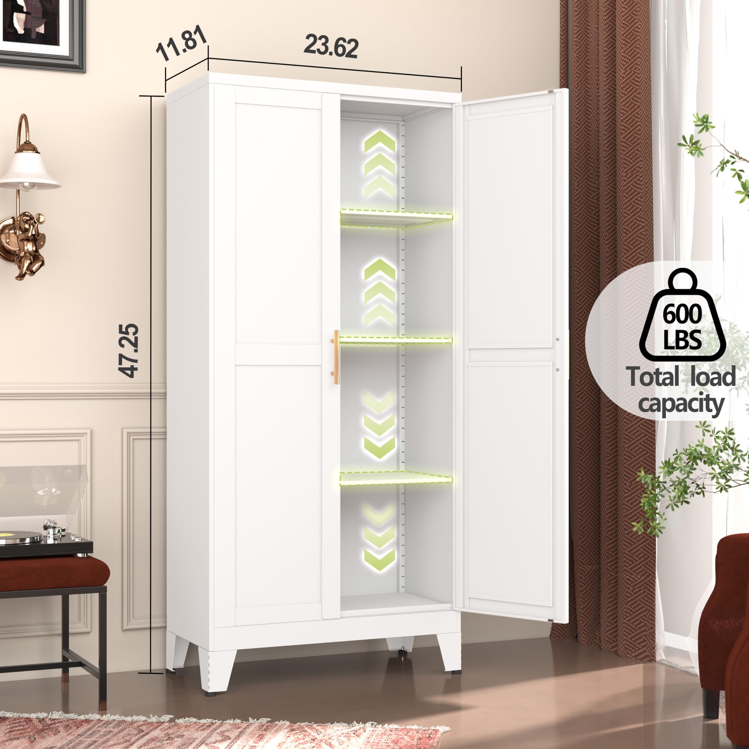 GAIOUS Metal Pantry Cabinet, Kitchen Pantry Storage Cabinets with 2 Door and 3 Adjustable Shelves, White Kitchen Pantry Cabinet, Freestanding Cupboard for Dining Room Living Room Bathroom