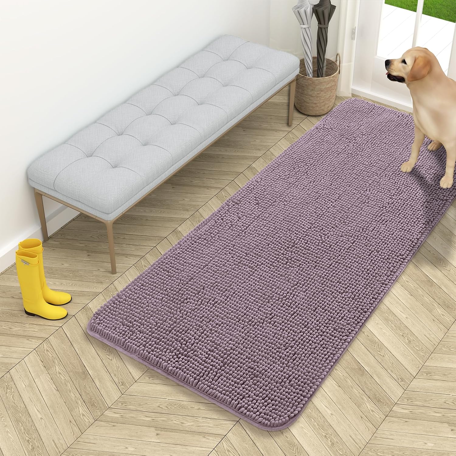 OLANLY Dog Door Mat for Muddy Paws 70x24, Absorbs Moisture and Dirt, Absorbent Non-Slip Washable Doormat, Quick Dry Chenille Mud Mat for Dogs, Entry Indoor Entryway Carpet for Inside Floor, Beige