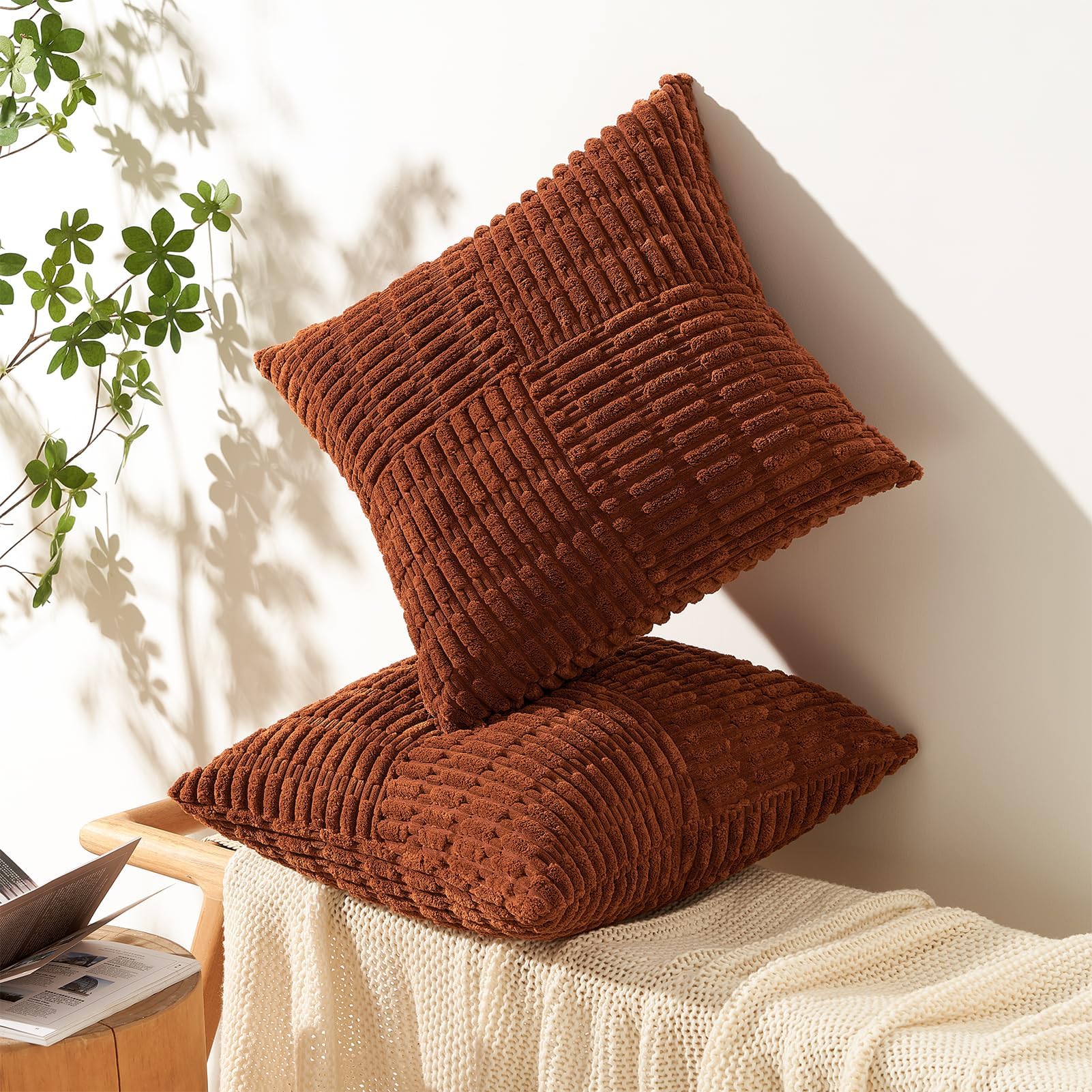 Topfinel Fall Pillow Covers Set of 2 Soft Corduroy Boho Strip Textured Terracotta Pillow Covers Modern Farmhouse Cute Autumn Home Decor Burnt Orange Living Room Sofa Couch Bed 30x30 cm