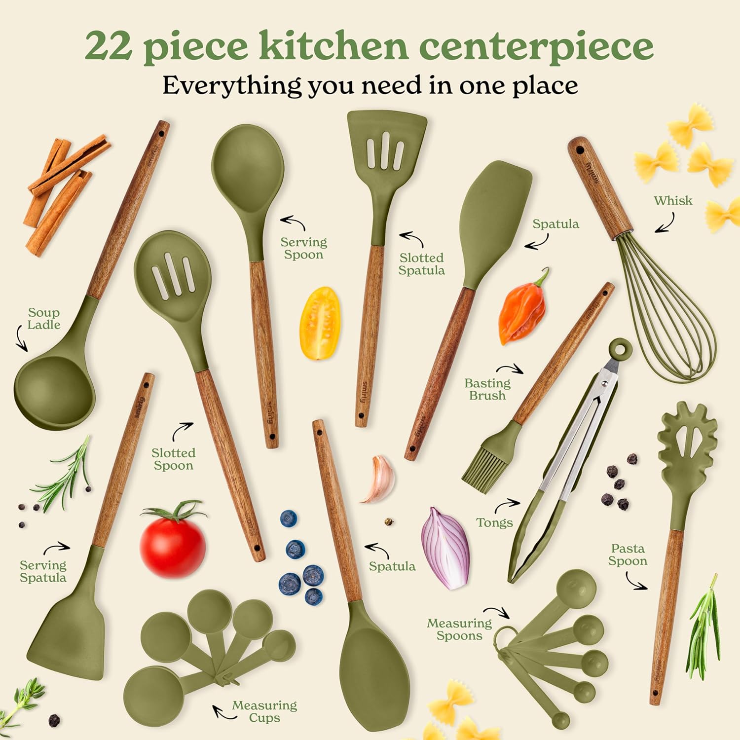 SMIRLY Green Bundle: 22 pcs Acacia Handle Silicone Cooking Utensil Set + Plastic Cutting Board