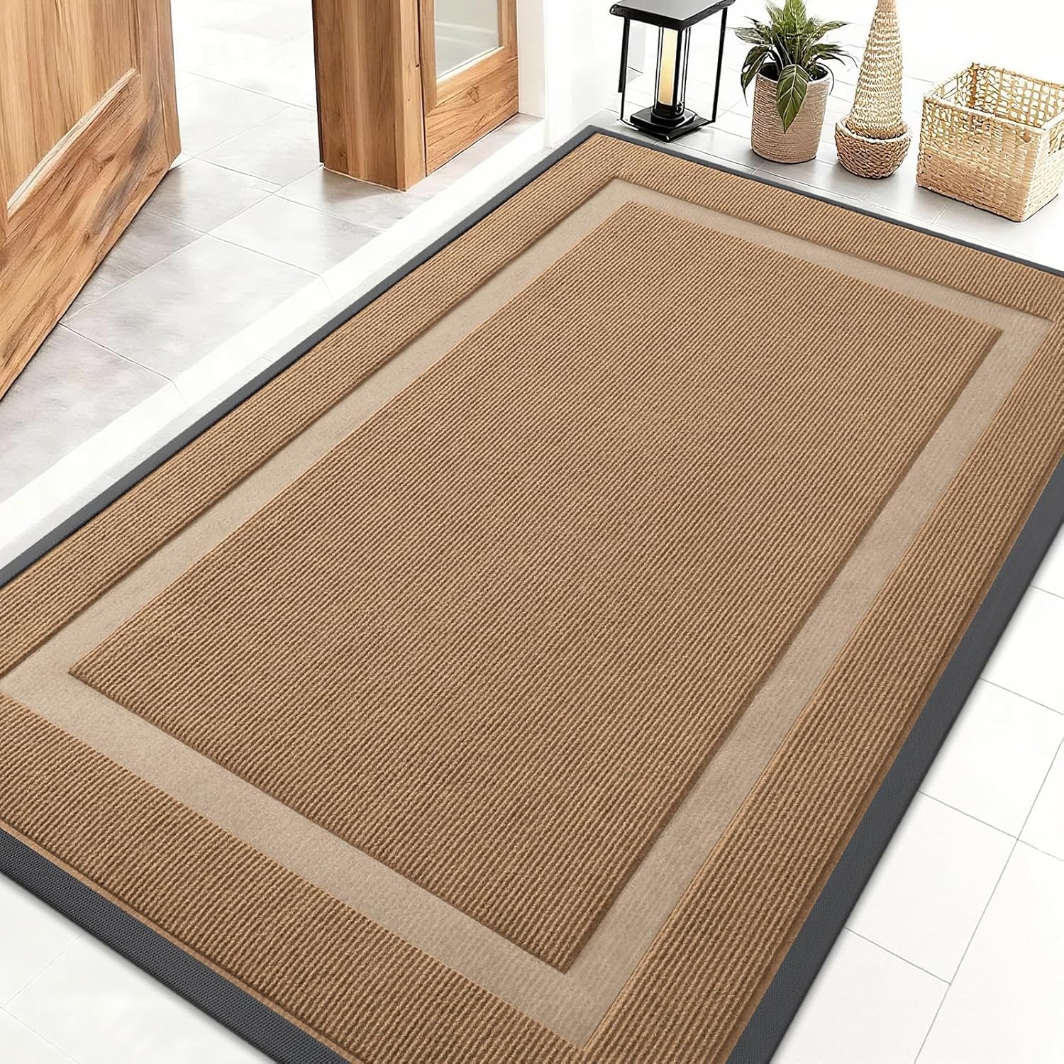 OLANLY Front Door Mat Indoor Outdoor Entrance, Waterproof All-Season, All-Weather Doormat, Sturdy Natural Rubber, Fade Resistant, Low Profile, Easy Clean Patio Porch Entryway Mat, 29.5x17, Beige
