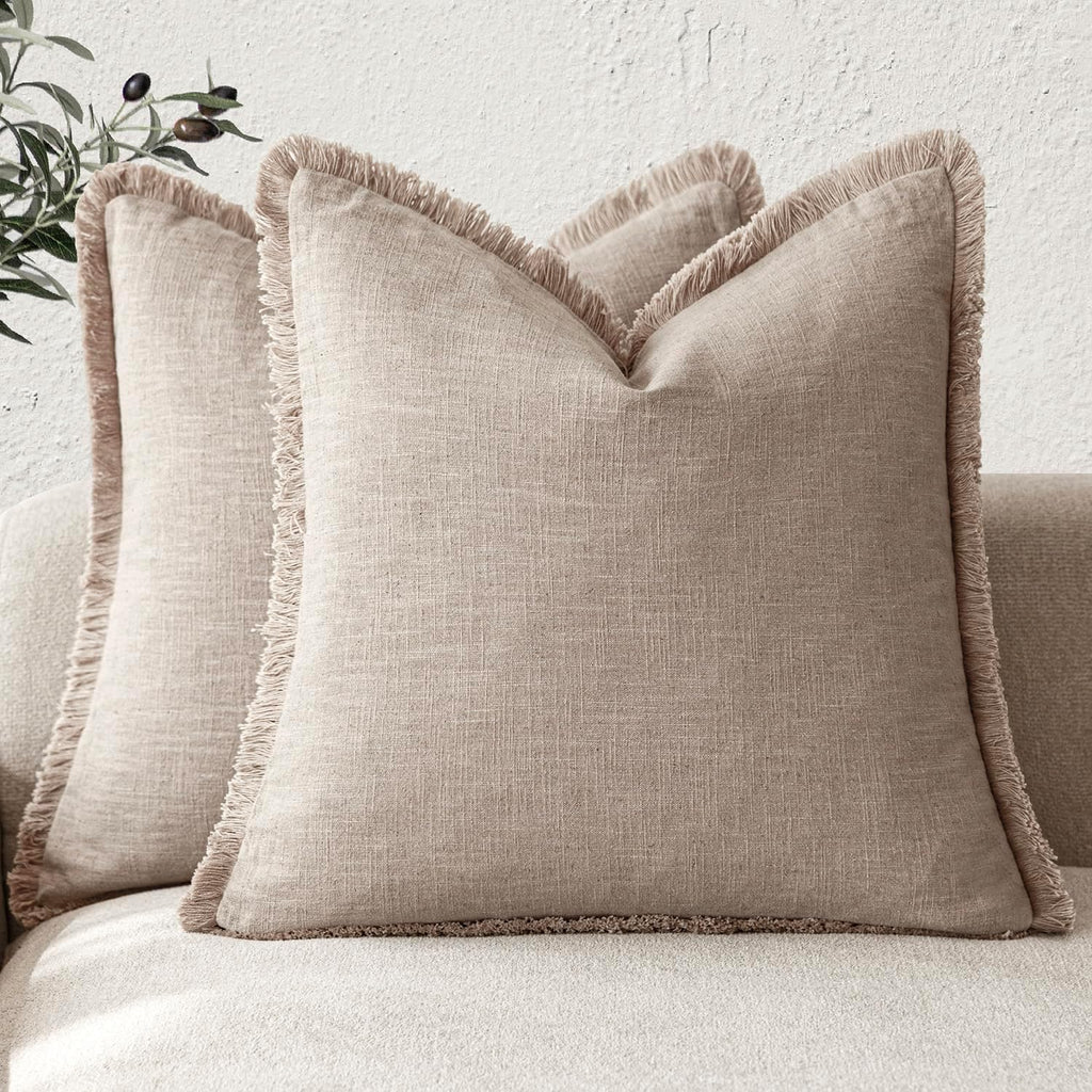 Foindtower Set of 2 Decorative Linen Fringe Throw Pillow Covers Cozy Boho Farmhouse Cushion Cover with Tassels Soft Accent Pillowcase for Couch Sofa Bed Living Room Home Decor,18×18 Inch,Navy Blue