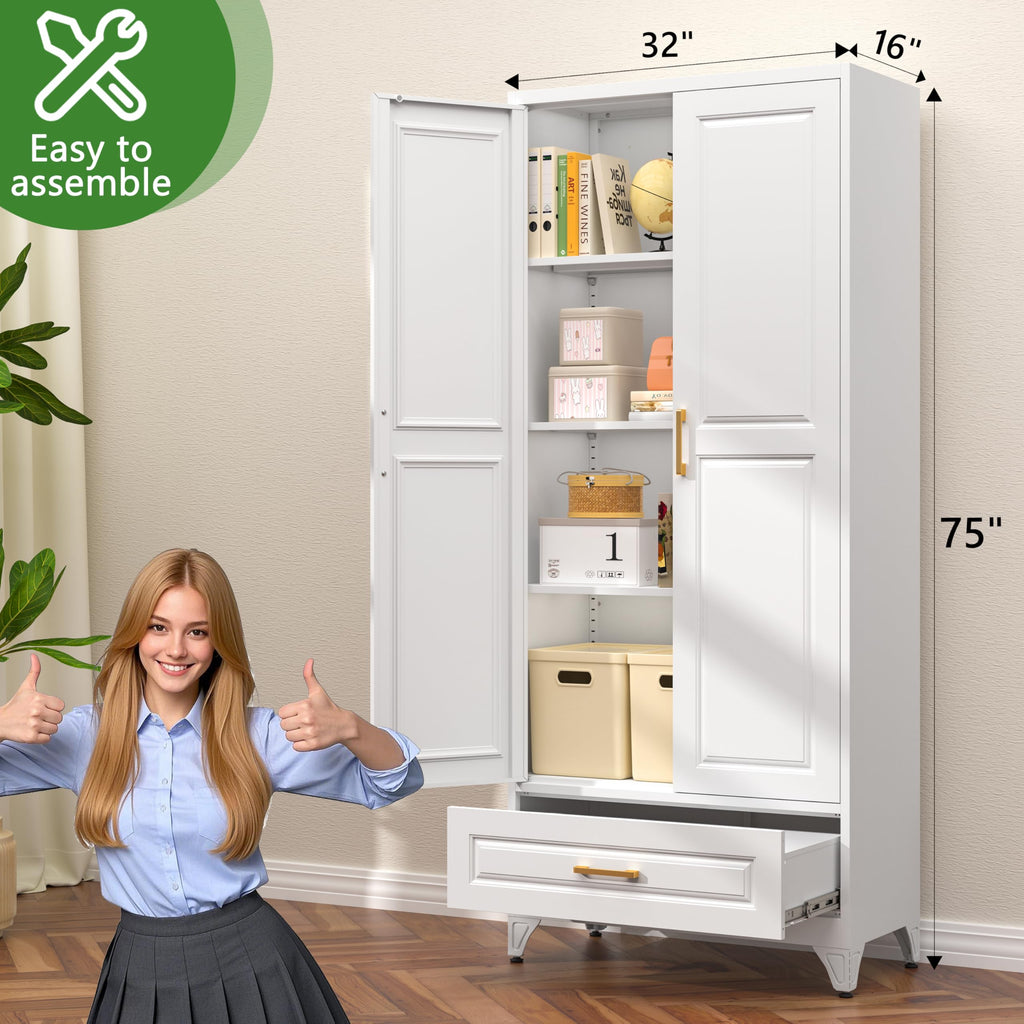 75" Tall Metal Kitchen Storage Cabinet,White Kitchen Pantry Storage Cabinet with Doors and 4 Adjustable Shelves,Utility Cabinet for Living Room,Garage,Dining Room and Office,Assemble Required