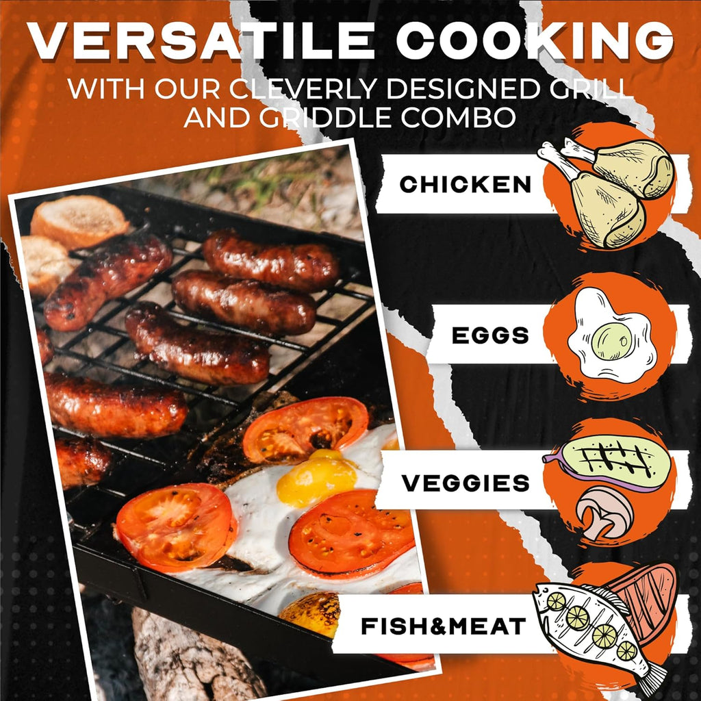 Adventure Seeka 24" Heavy Duty Folding Campfire Grill, Compact Swivel Grill Design, Food-Safe Cooking Surface, Grate & Griddle for Campfire Cooking, Australian Owned