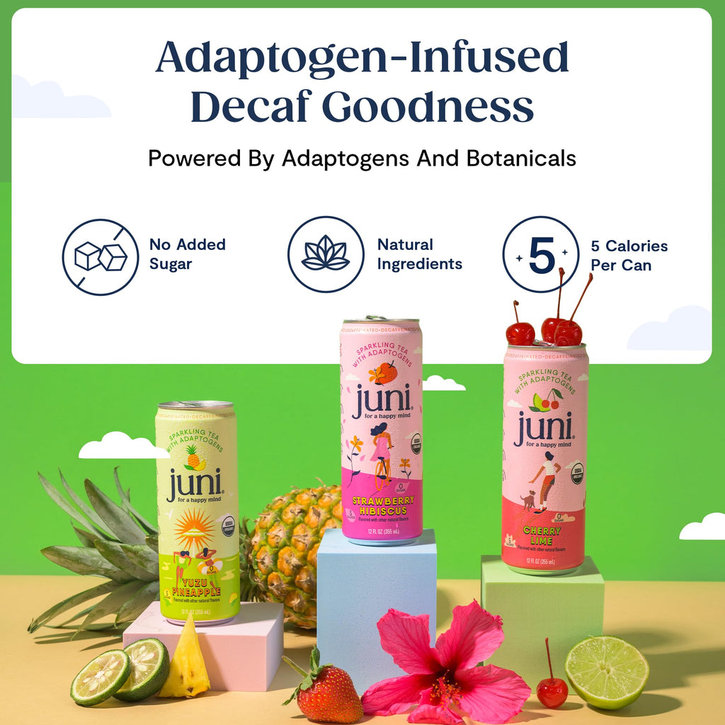 Juni Sparkling Adaptogen Drink with Ashwagandha, Lion’s Mane & Reishi Mushrooms | Green Tea for Focus, Zero Sugar, 5 Calories | Decaffeinated, Non Alcoholic Drinks – Variety Pack (12 Pack)