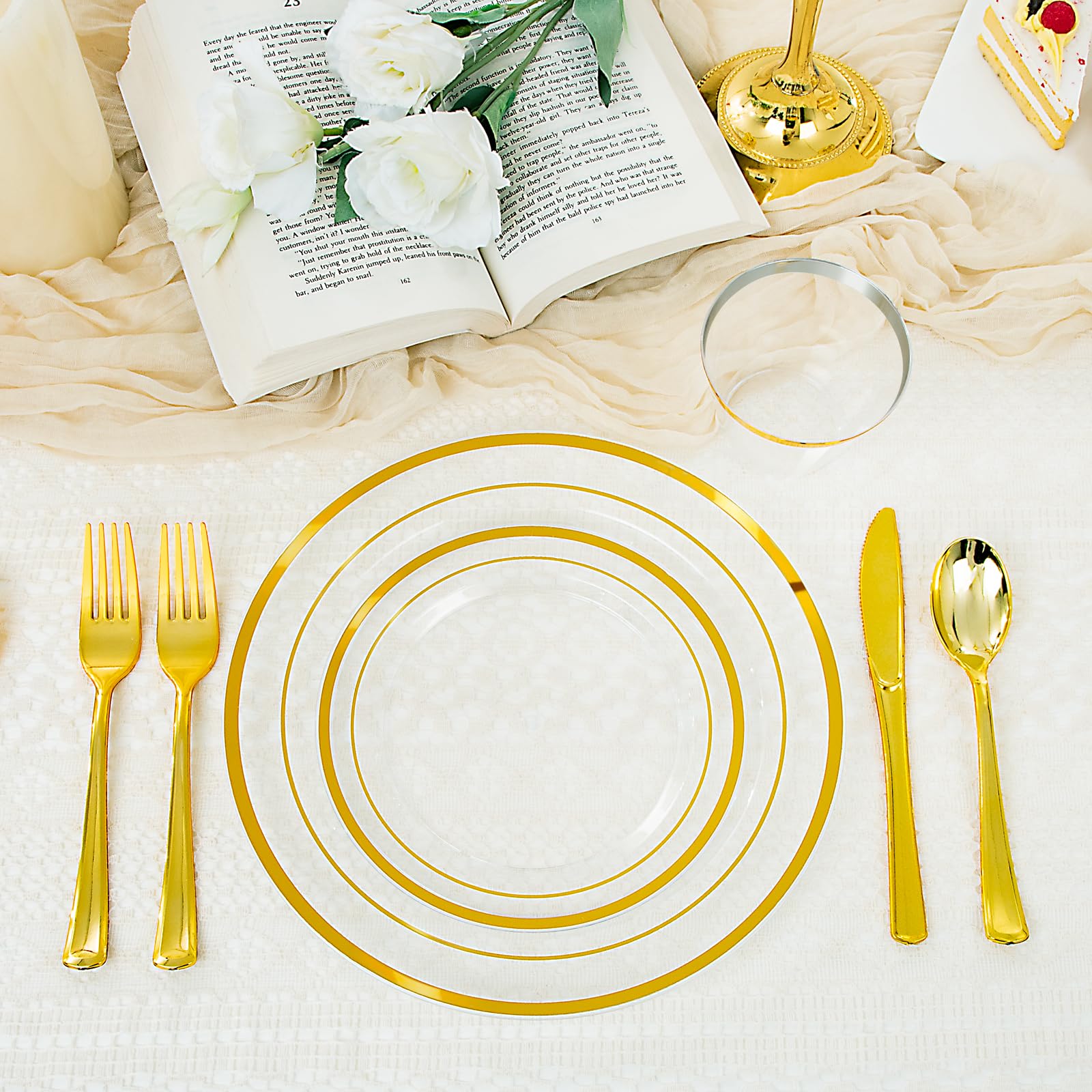 WELLIFE 600 PCS Silver Disposable Dinnerware Set for 100 Guests, Wedding Reception Plates & Silver Plastic Tableware, Dinner & Salad Plates, Cups, Forks, Knives & Spoons for Weddings & Elegant Events