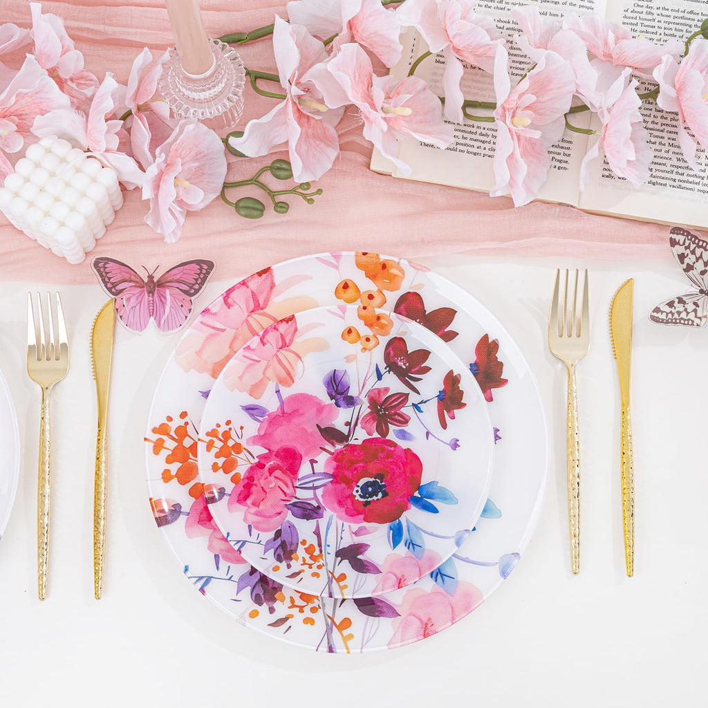 DaYammi 20Pcs Floral Disposable Plastic Plates-Disposable Heavy duty Watercolor Floral Plastic Plates 10.25 inch Dinner plates and 7.5 inch Dessert plates, Disposable Plate for Party Mother's Day