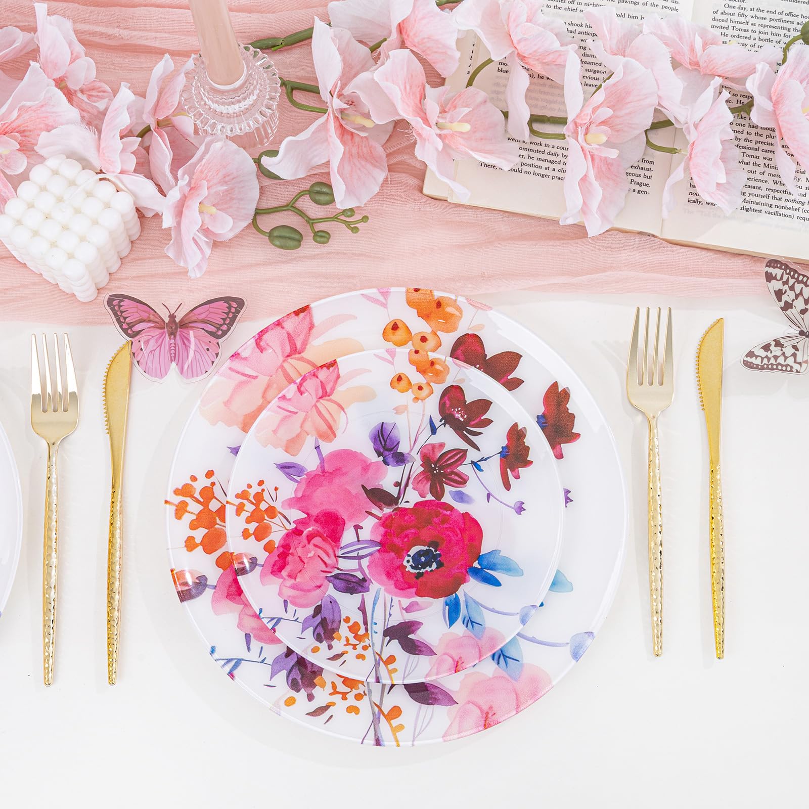 DaYammi 20Pcs Floral Disposable Plastic Plates-Disposable Heavy duty Watercolor Floral Plastic Plates 10.25 inch Dinner plates and 7.5 inch Dessert plates, Disposable Plate for Party Mother's Day
