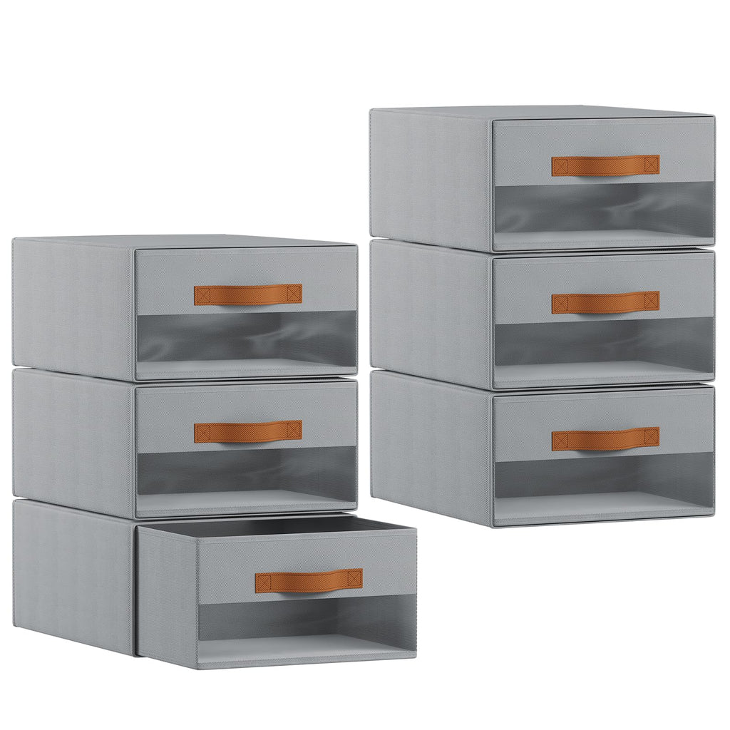 Homsorout Large Closet Storage Bins - 6 Pack Pull-Out Stackable Fabric Boxes with Clear Window, Foldable Closet Visible Storage Container for Bedroom, Living Room, Home Shelves, Grey