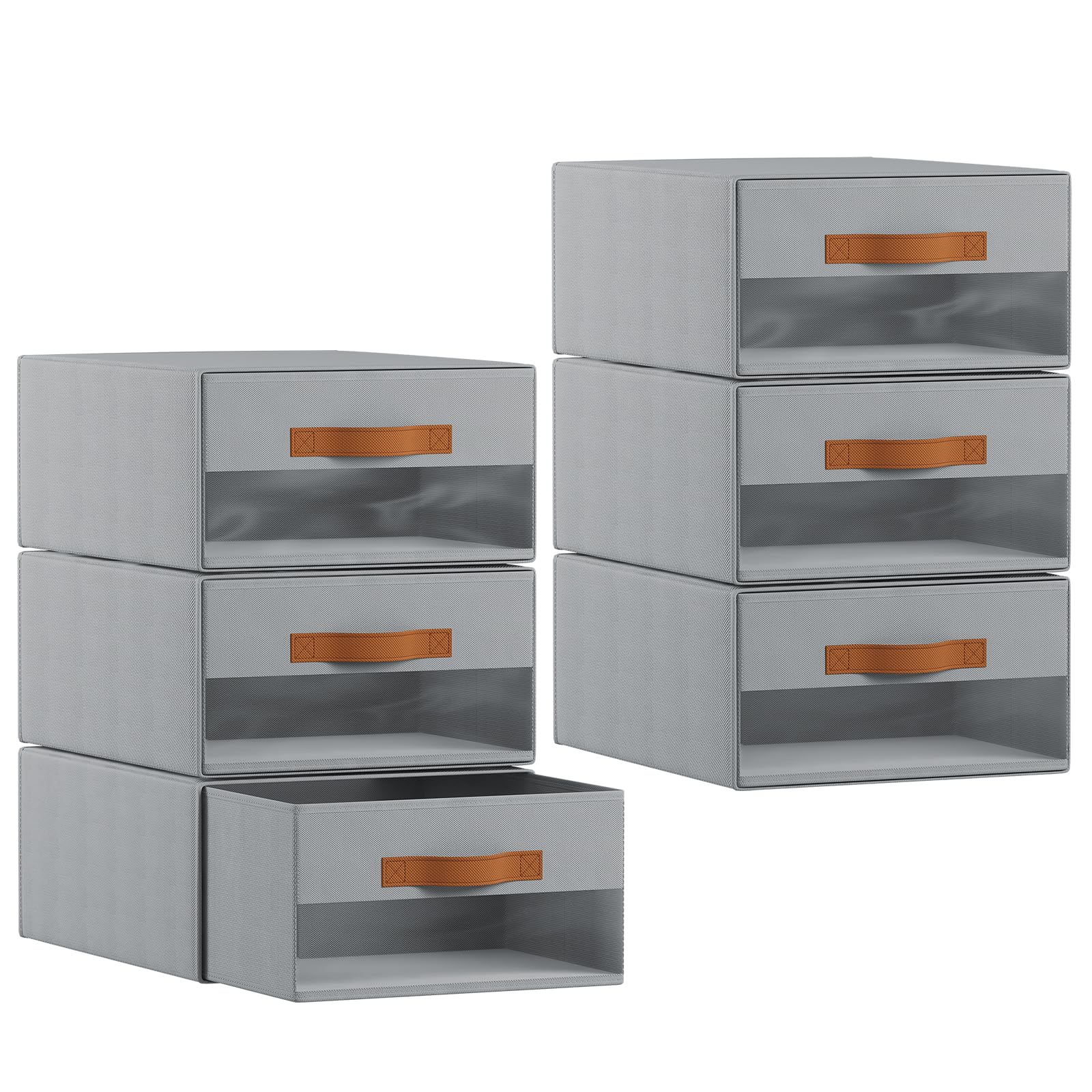 Homsorout Large Closet Storage Bins - 6 Pack Pull-Out Stackable Fabric Boxes with Clear Window, Foldable Closet Visible Storage Container for Bedroom, Living Room, Home Shelves, Grey