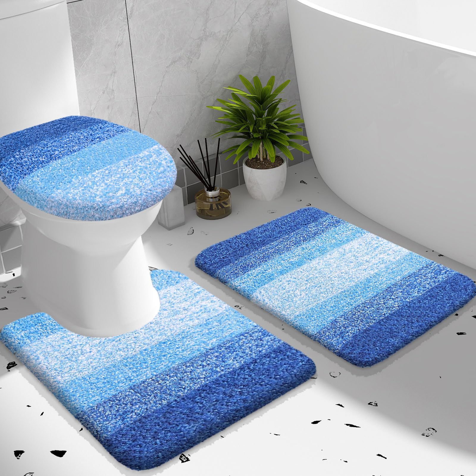 OLANLY Bathroom Rugs Sets 3 piece, Soft Microfiber Absorbent Bath Mat, U-Shaped Contour Toilet Mat and Toilet Lid Cover, Quick Dry, Machine Washable, Toilet Cover and Rug Set for Bathroom, Grey