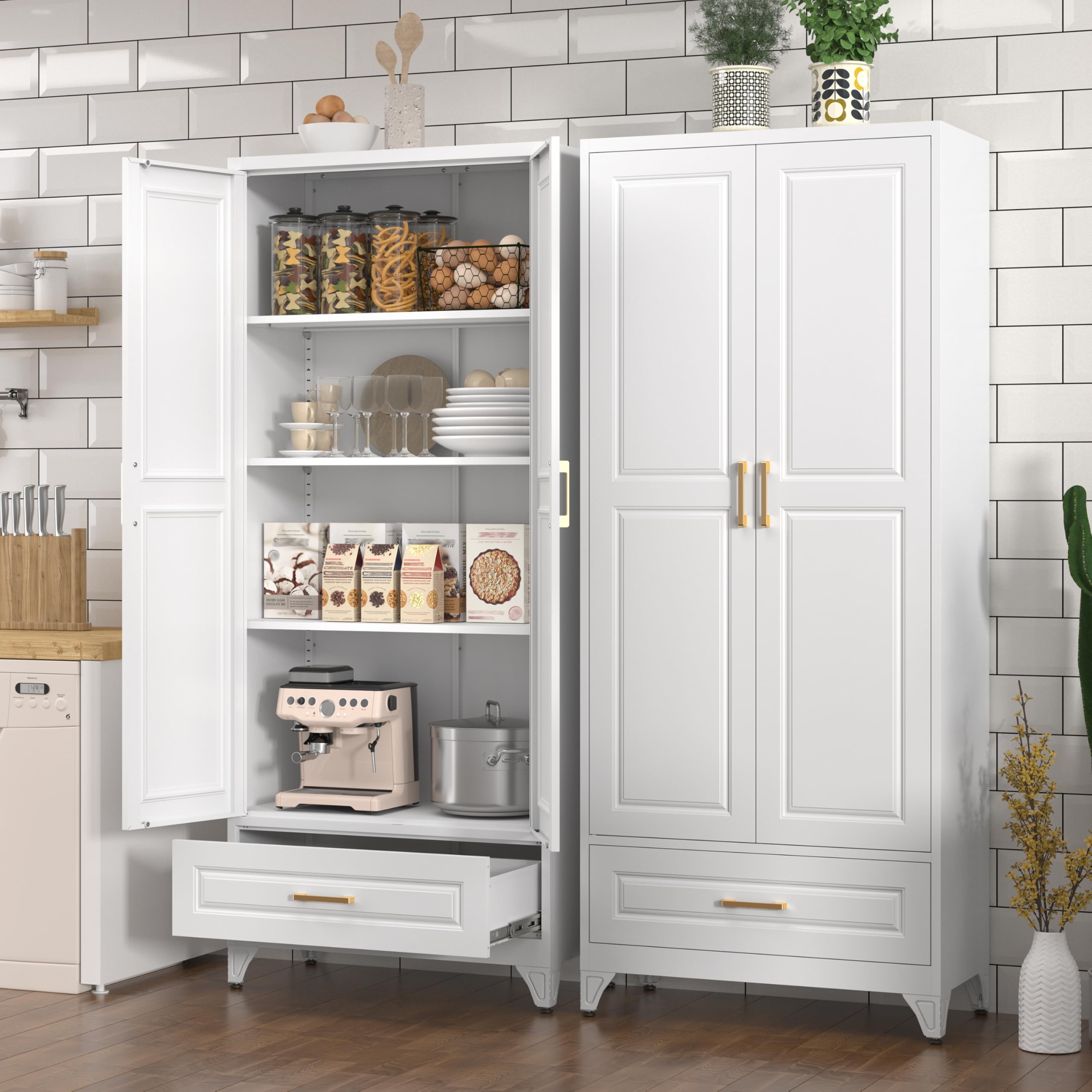 Polup White Kitchen Pantry Cabinet, 71 Inch Tall Metal Storage Cabinet with Doors and Shelves, Pantry Cabinets for Kitchen Storage, Freestanding Cupboard for Living, Dining Room, Assemble Required