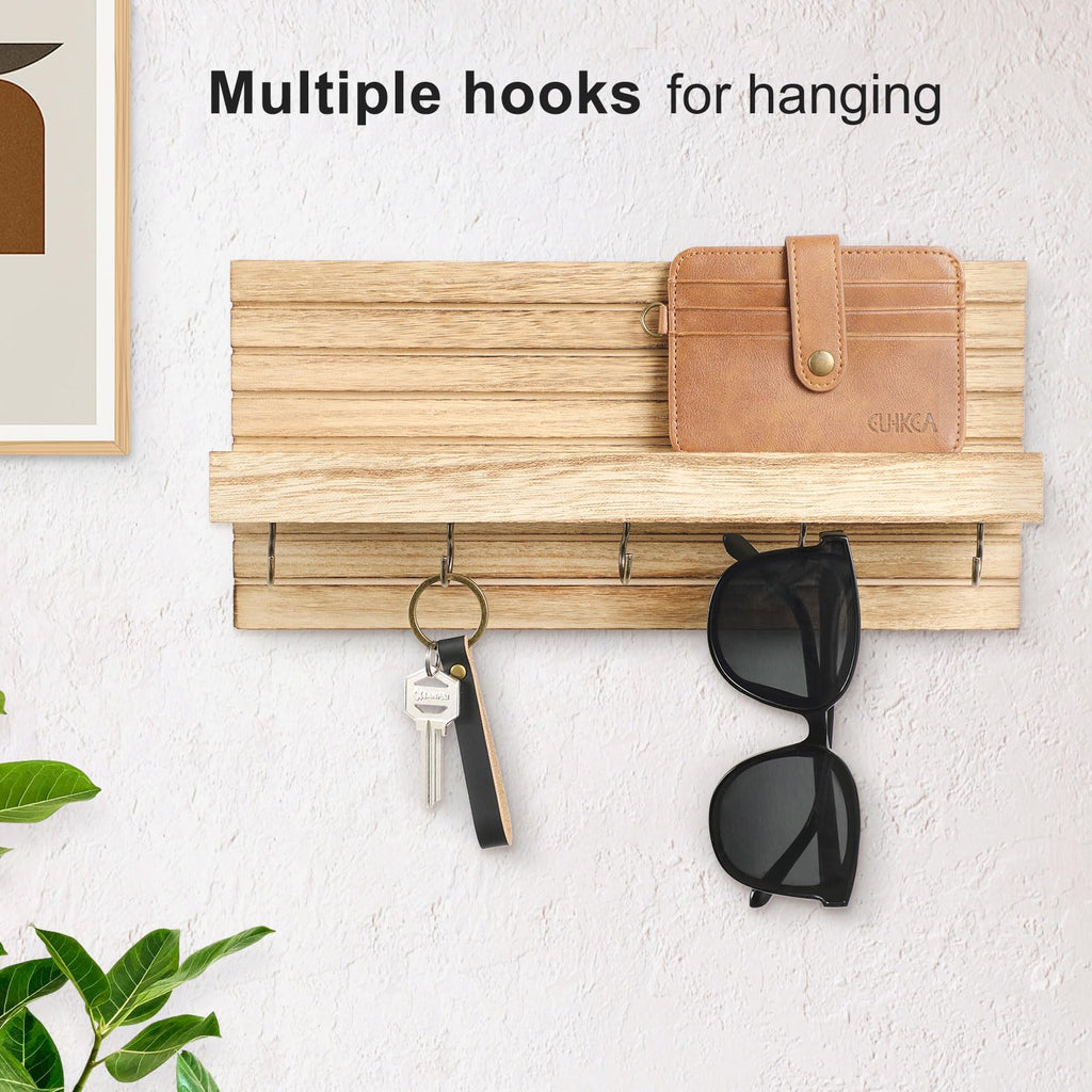 Decorative Key Holder for Wall with Shelf, Entryway Shelf with Hooks Holds Leashes, Jackets and Glasses – Sturdy Wood Keyholder Entrance Hanger with Mounting Hardware (Black, Medium)