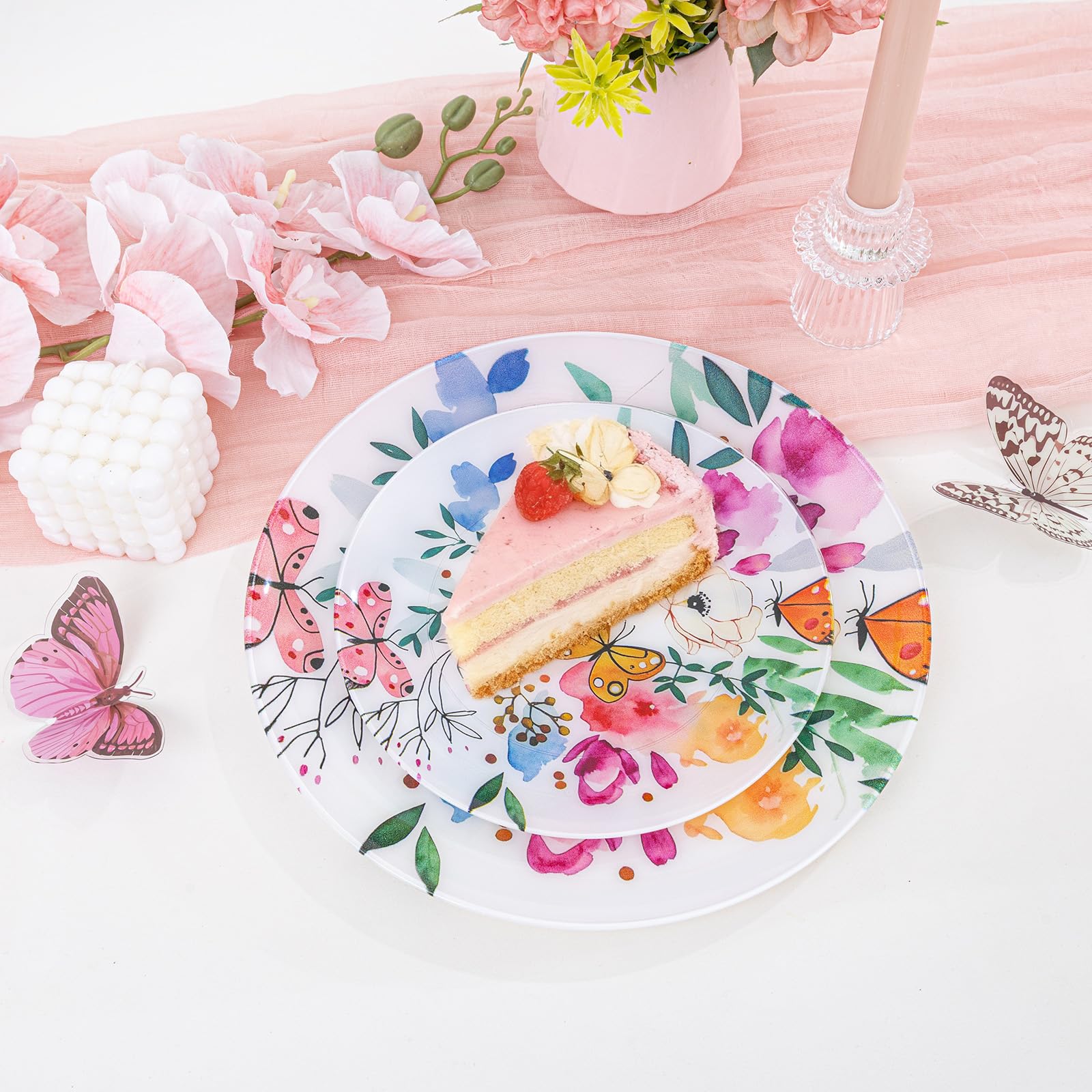 DaYammi 20Pcs Floral Disposable Plastic Plates-Disposable Heavy duty Watercolor Floral Plastic Plates 10.25 inch Dinner plates and 7.5 inch Dessert plates, Disposable Plate for Party Mother's Day
