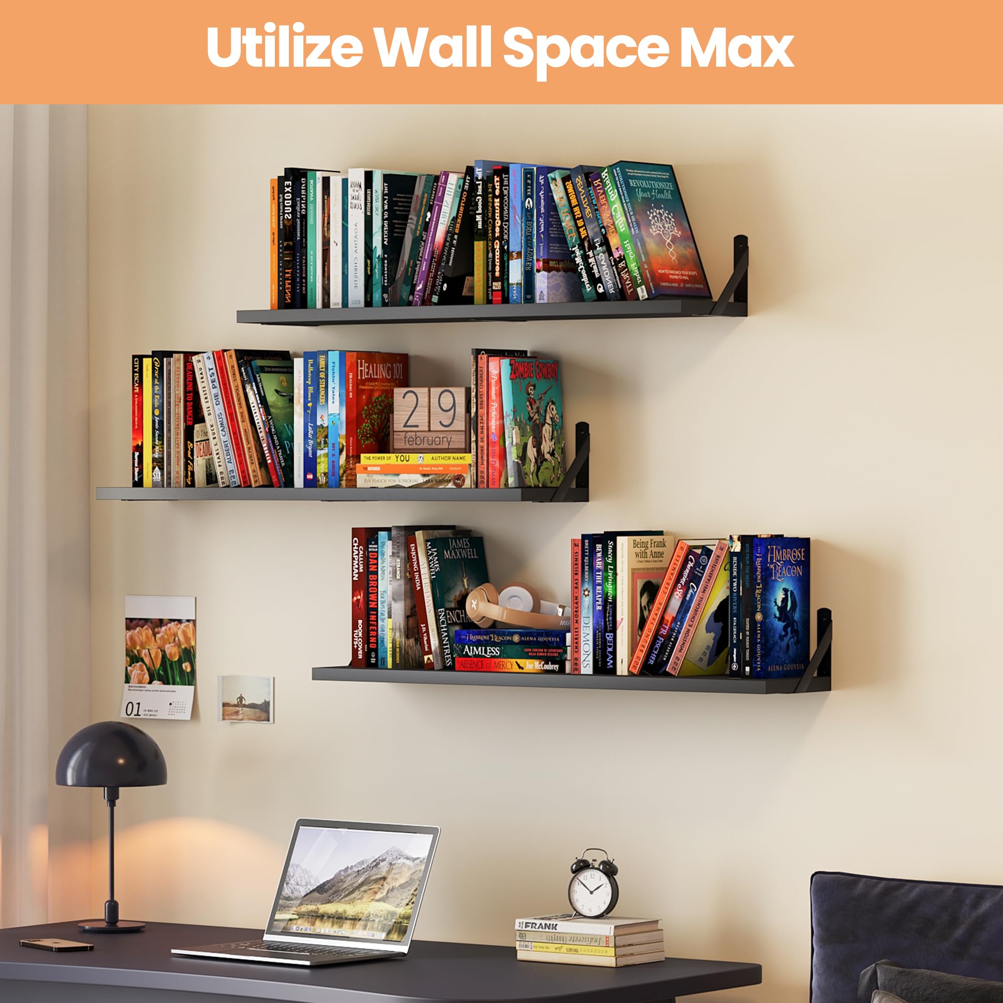upsimples Floating Book Shelves for Wall, 15.7 Inches Wood Shelves for Living Room, Bathroom, Bedroom, Kitchen Storage and Decoration, White