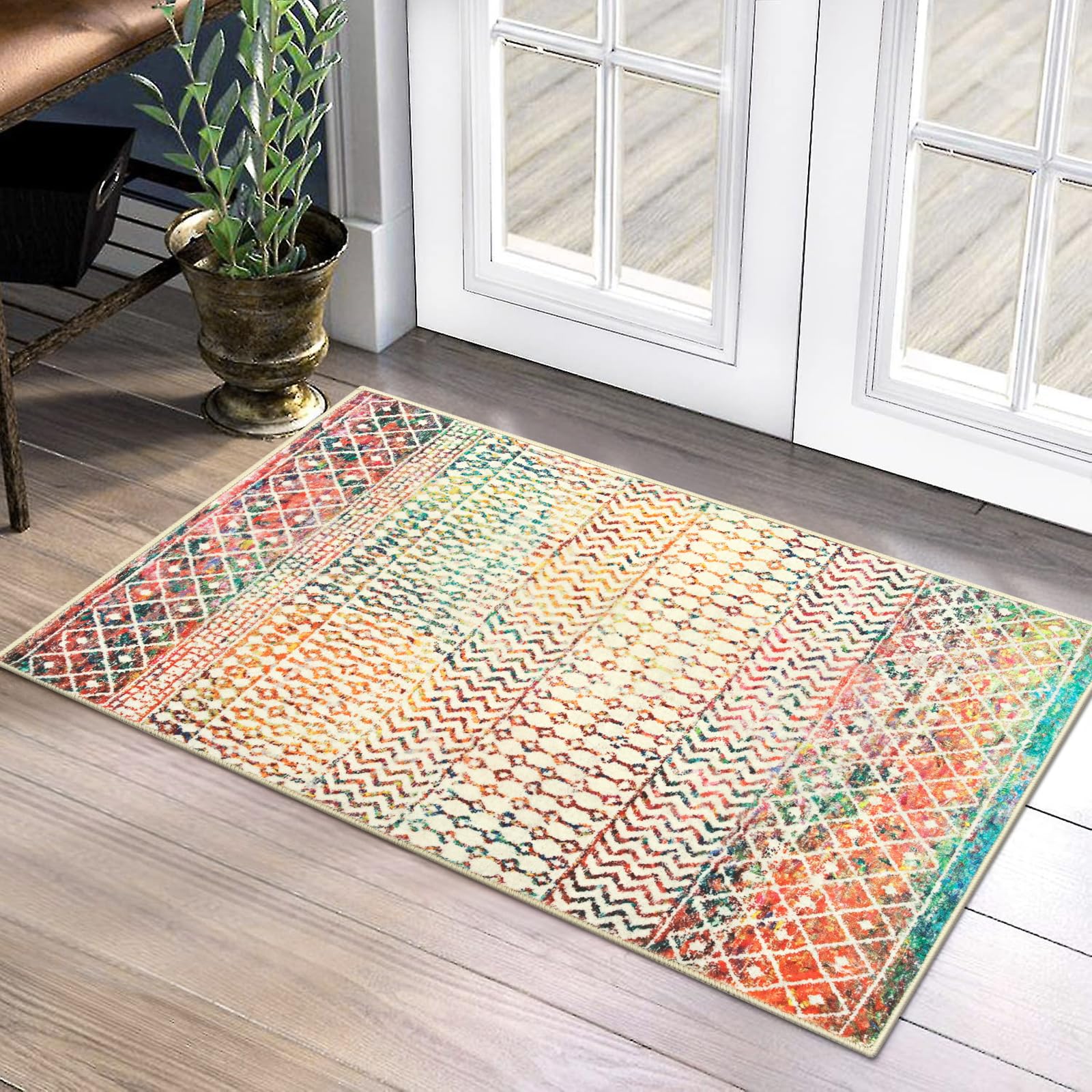 Moroccan Washable Rugs, 2x3 Light Grey Rug Non-Slip Small Distressed Entryway Rugs, Soft Low-Pile Bedroom Rug Indoor Doormat Carpet for Entryway Kitchen Bathroom