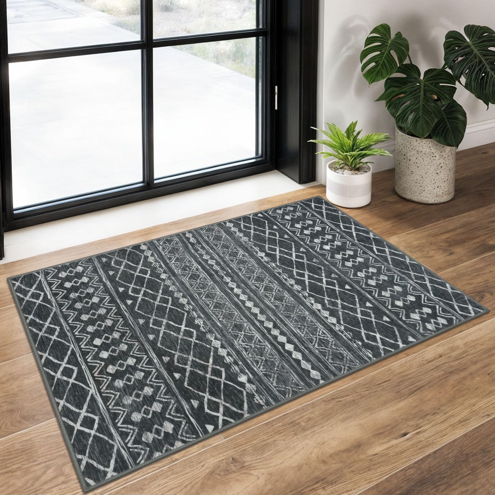 KUTA Washable Non-Slip Rugs for Entryway 2x3, Grey Moroccan Boho Small Area Rug, Ultra Soft Vintage Geometric Low-Pile Indoor Door Mat Floor Carpet for Indoor, Entrance, Kitchen, Bathroom, Bedroom
