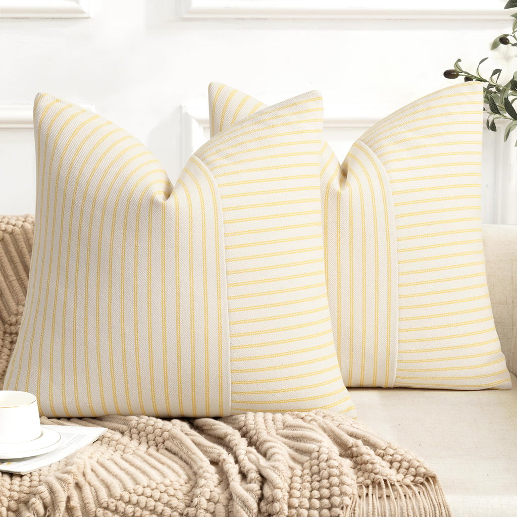 YCOLL Farmhouse Pillow Covers 18x18, Modern Accent Square Throw Pillow Covers Set of 2, Gray and Beige Striped Patchwork Linen Decorative Pillows Cushion Covers for Couch Chair Bedroom Home Decor