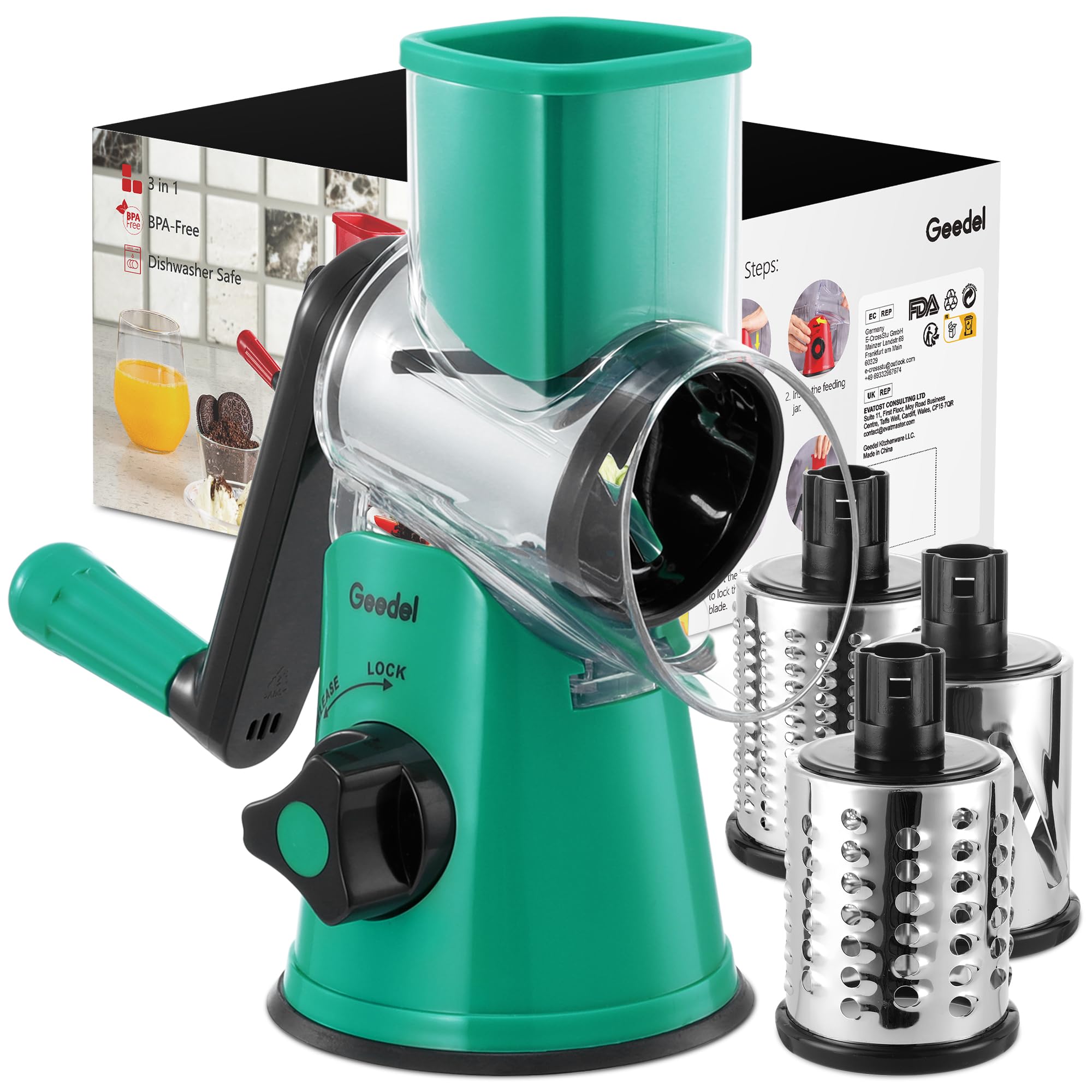 Geedel Rotary Cheese Grater, Kitchen Mandoline Vegetable Slicer with 3 Interchangeable Blades, Easy to Clean Rotary Grater Slicer for Fruit, Vegetables, Nuts