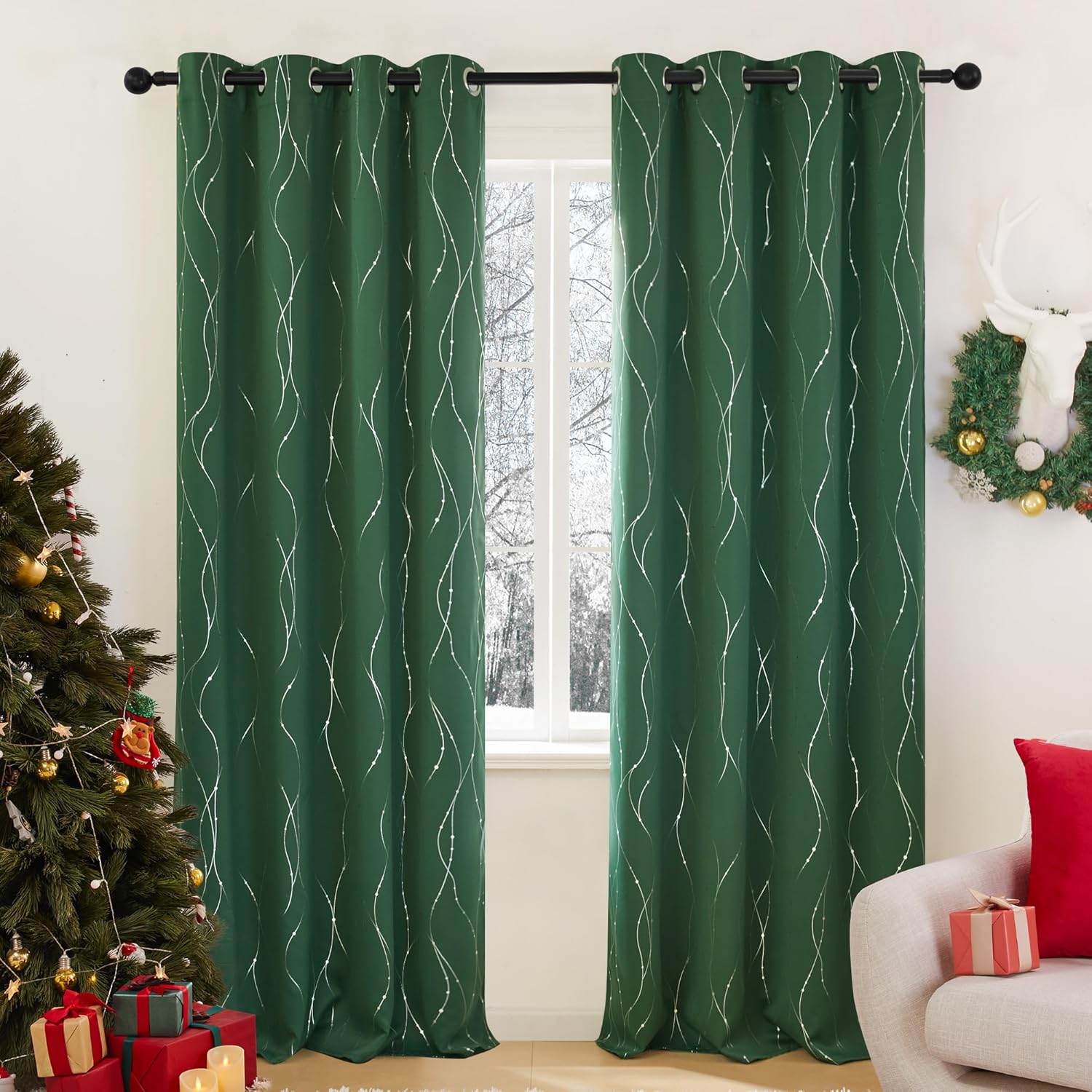 Deconovo Blackout Curtains, Grey Curtain, Thermal Insulated Soundproof Curtain Drapes, Wave Dot Foil Print, 52 x 84 Inch, 2 Panels, Machine‑Washable Privacy Window Drape for Bedroom Living Room Office