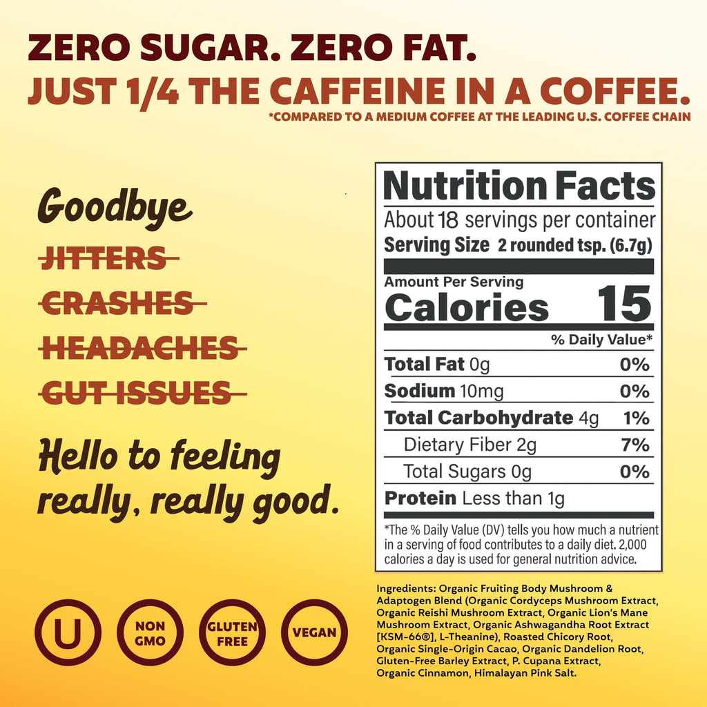 Joey Mushroom Coffee Alternative with Cacao Dandelion Root, and Chicory, Instant Mushroom Coffee Substitute with Superfoods, Vegan Gluten-Free Energy Drink for Focus and Calm, 18 Servings