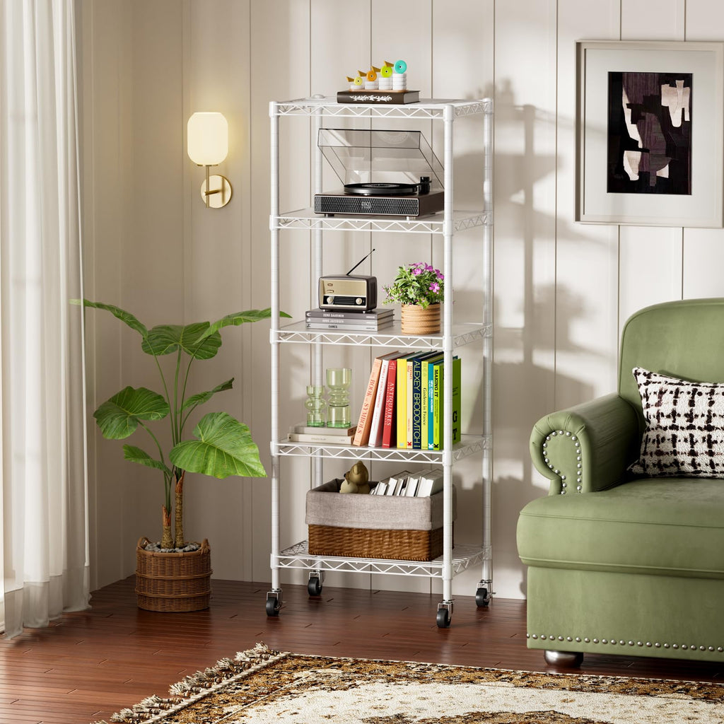 SINGAYE 3 Small Shelves Storage Shelf Wire Shelving Unit Metal Shelf Adjustable Organizers Storage Shelving with Wheels for Bathroom Laundry Room Kitchen Pantry11.5”D x 17.5”W x 30.5”H White