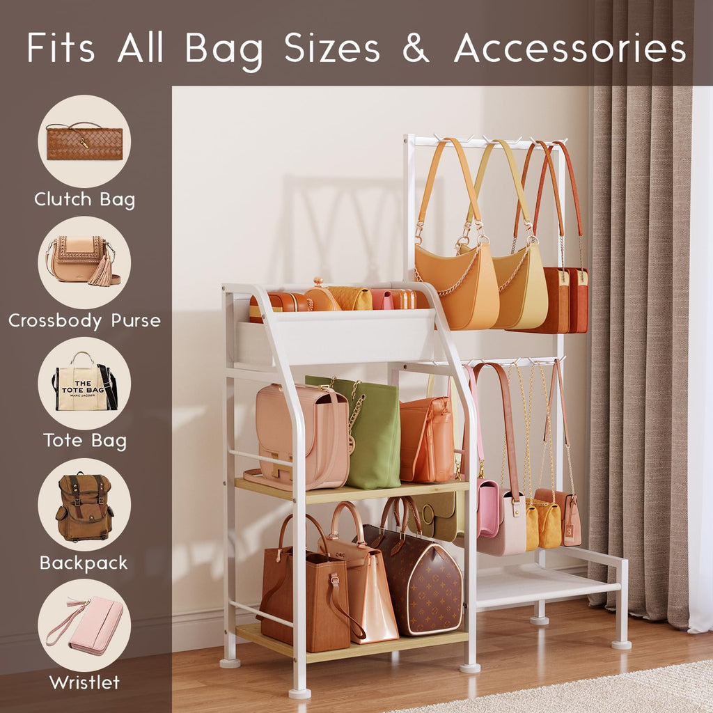 Homsorout Purse Organizer for Closet - Purse Rack Stand with 12 Hooks, 2 Wooden Shelves Purse Storage for Closet, Large Capacity Backpack Storage, Handbag Organizer for Home, Living Room, Black